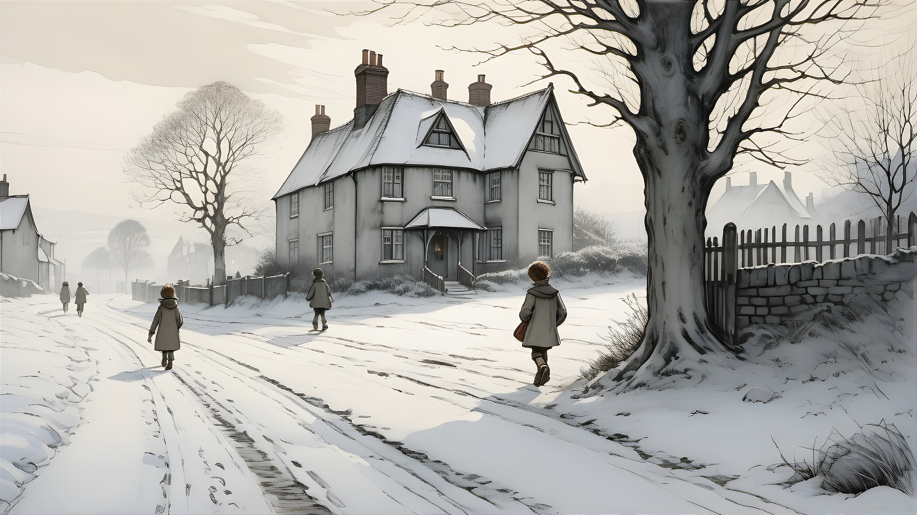 Snow-Covered Village with Children and Quaint House