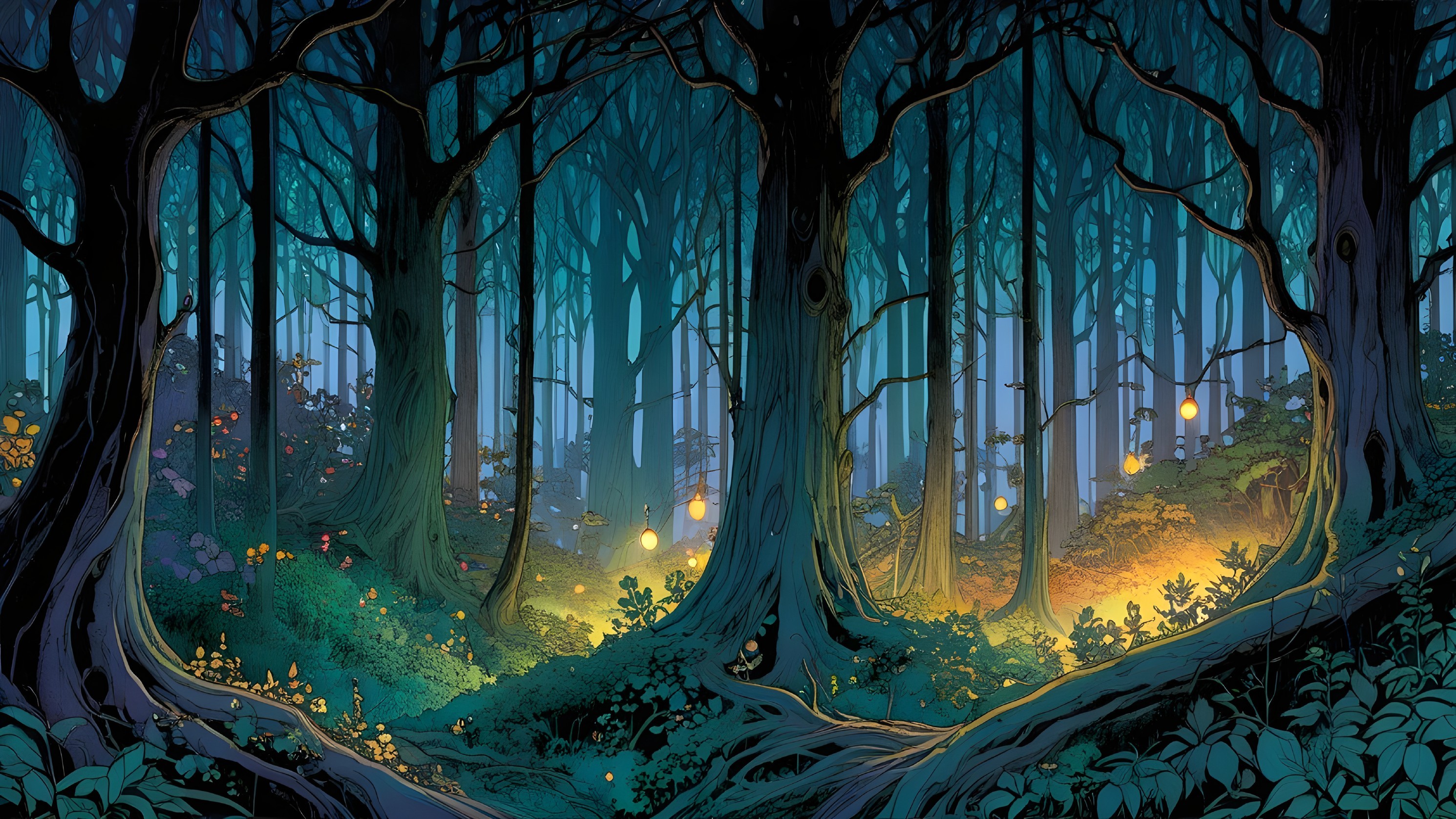 Mystical forest with glowing orbs and vibrant foliage