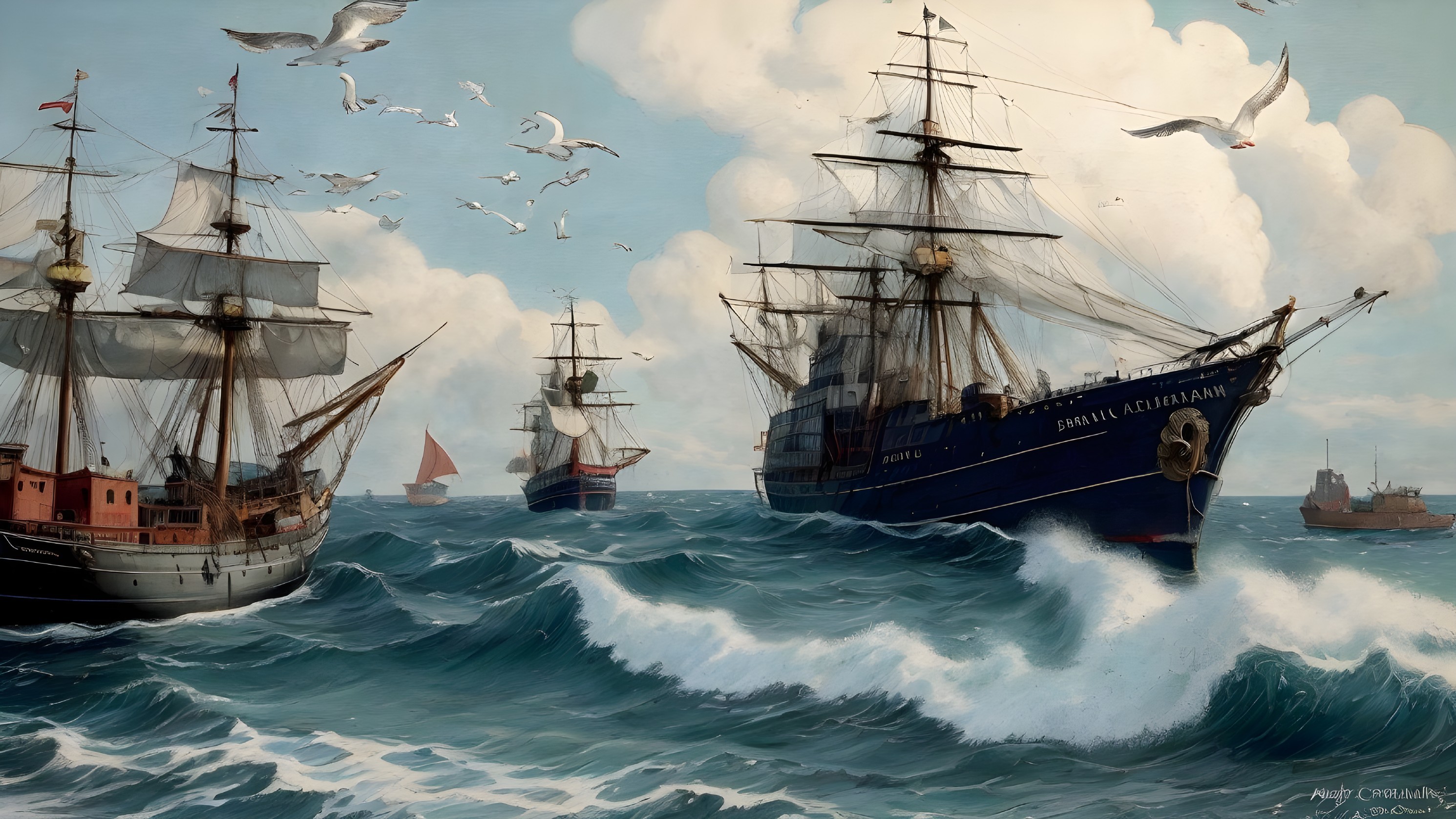 Vibrant Maritime Scene with Sailing Ships and Waves