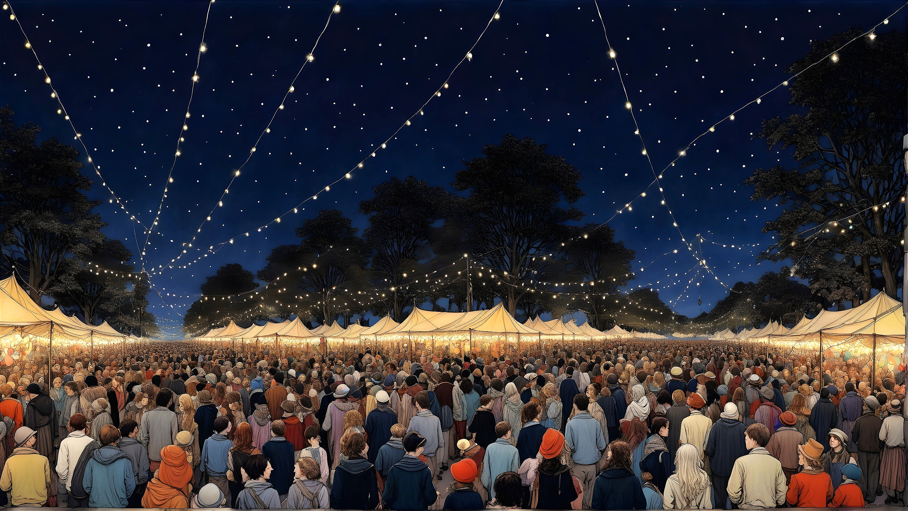 Vibrant Night Market Scene Under Twinkling Lights