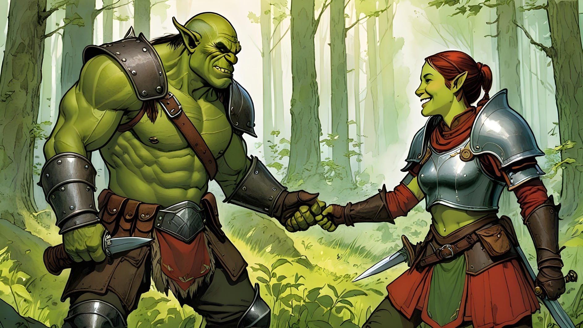 Orc and Elf in Vibrant Forest Setting Together