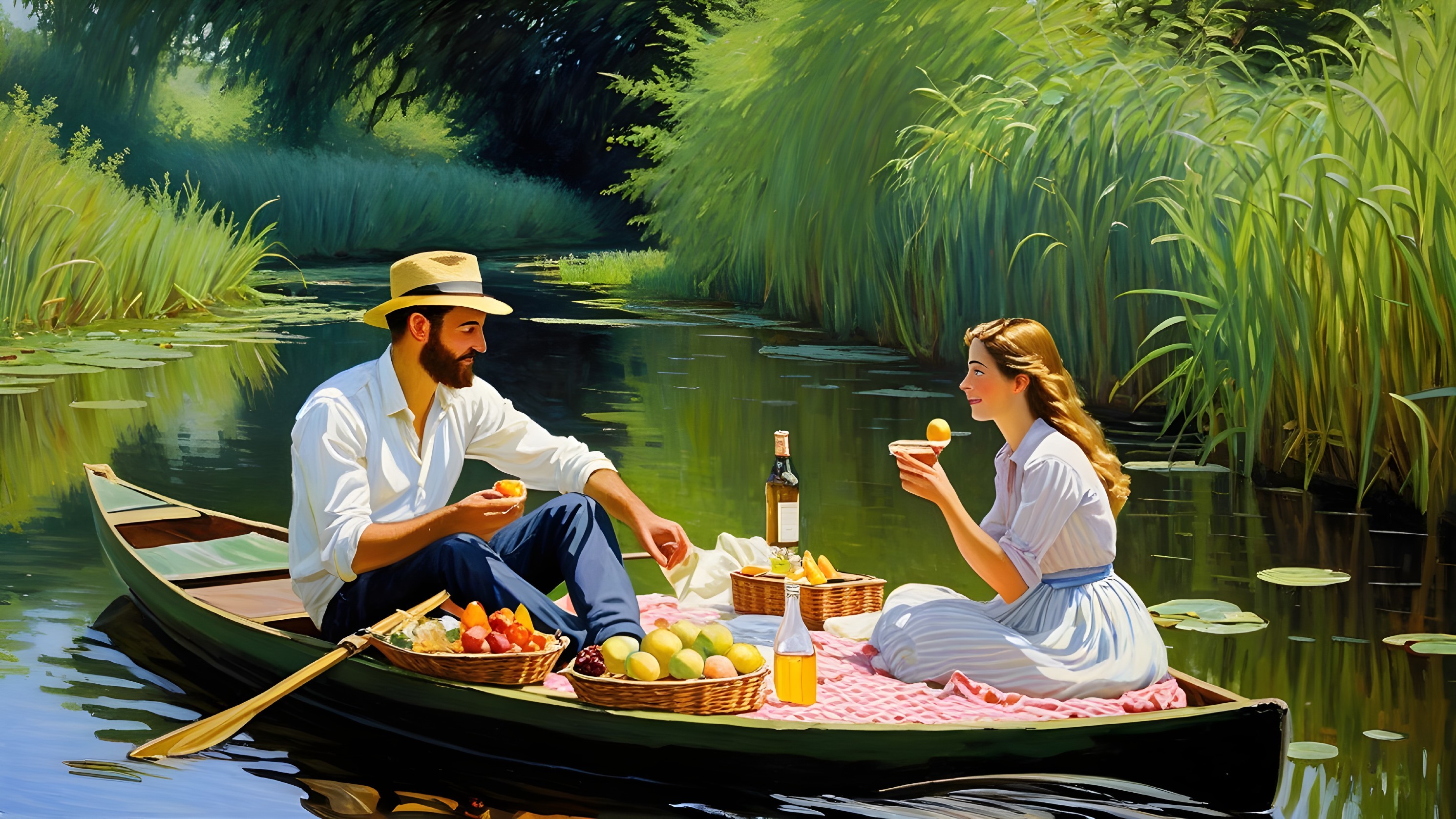 Picnic on a tranquil river in a small boat