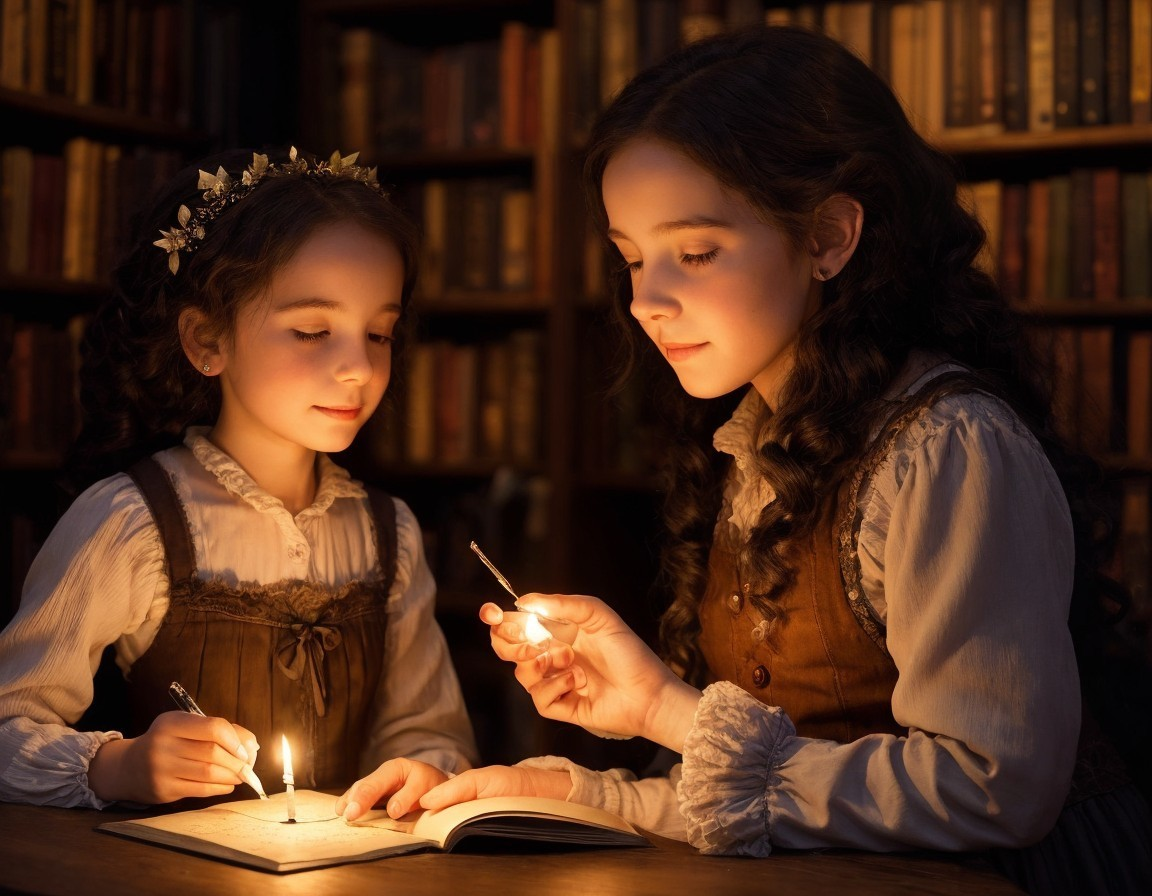 Cozy Library Scene with Two Girls Studying Together