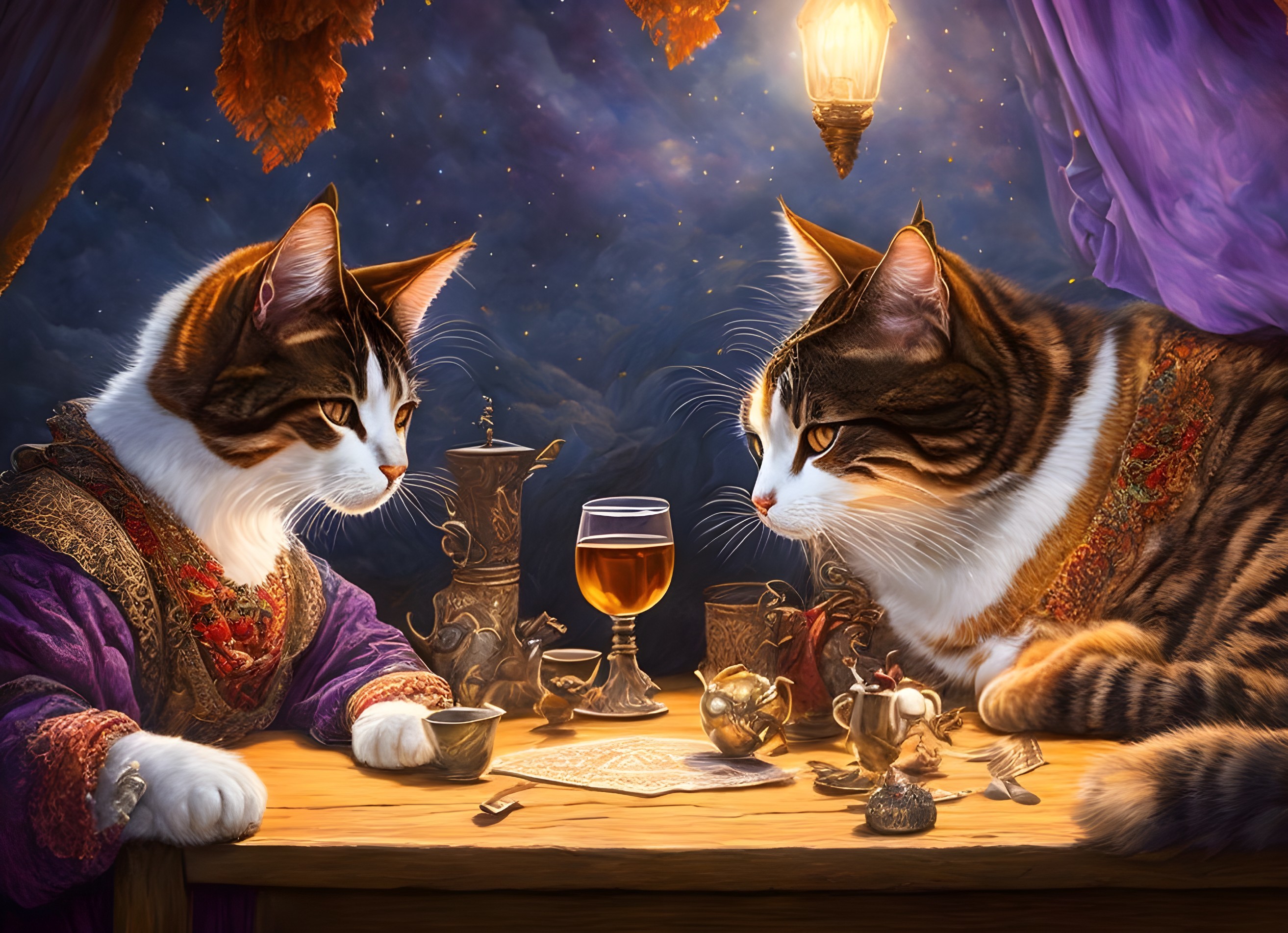 Regal Cats in Ornate Robes at a Magical Tea Table
