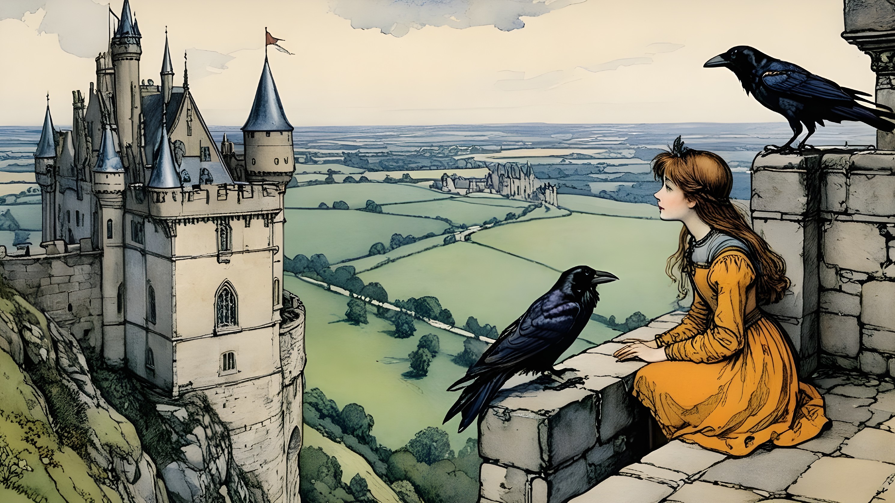 Young girl in yellow dress with ravens by castle