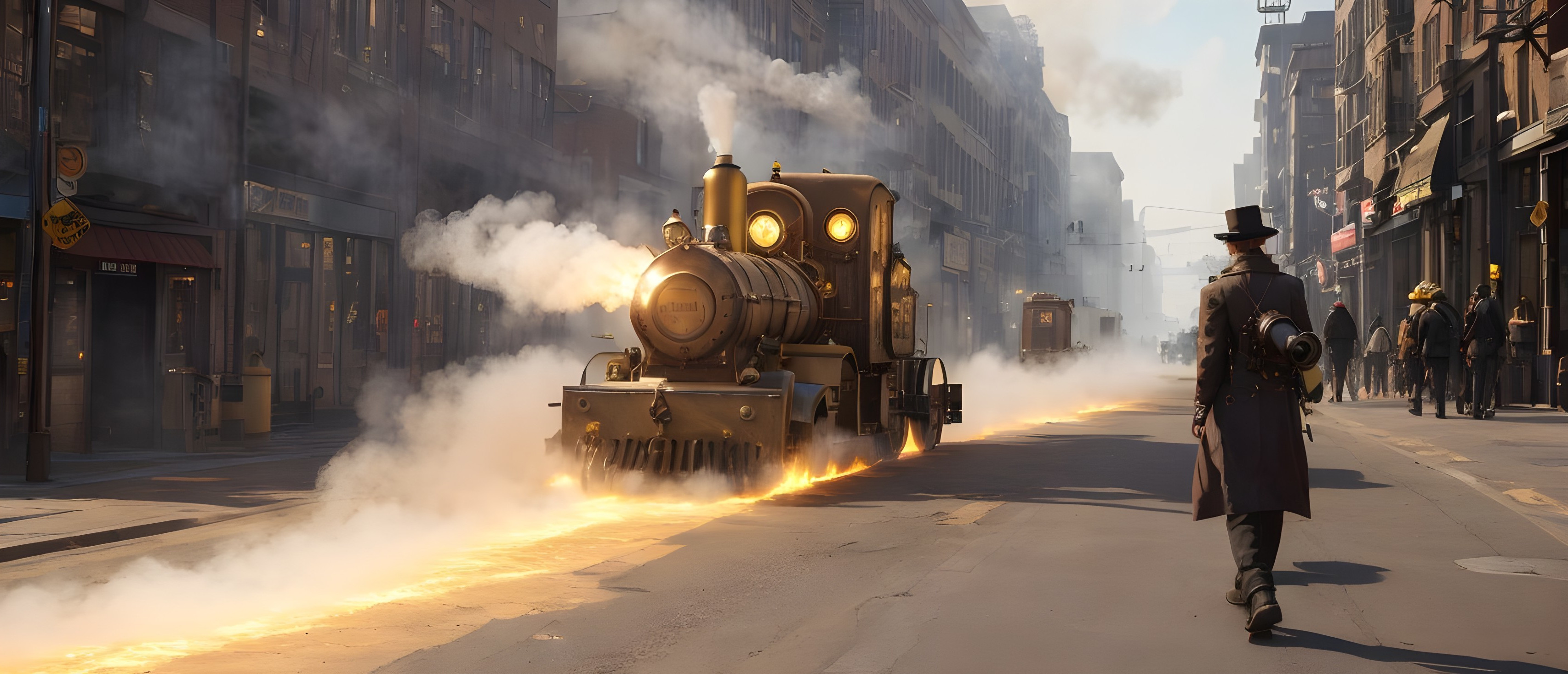 Steampunk City with Vintage Locomotive and Foggy Atmosphere