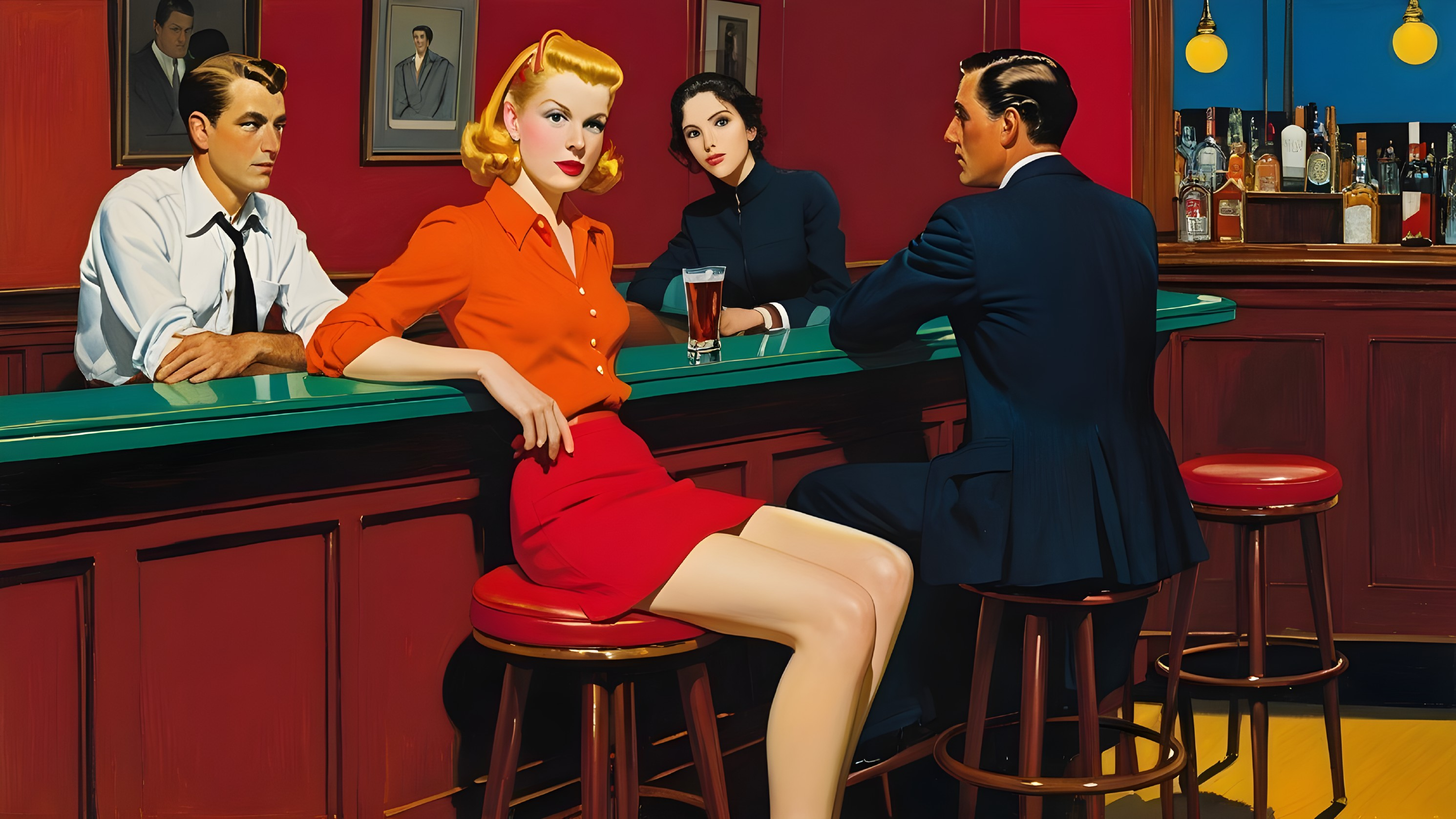 Vintage Bar Scene with Stylish Characters and Decor