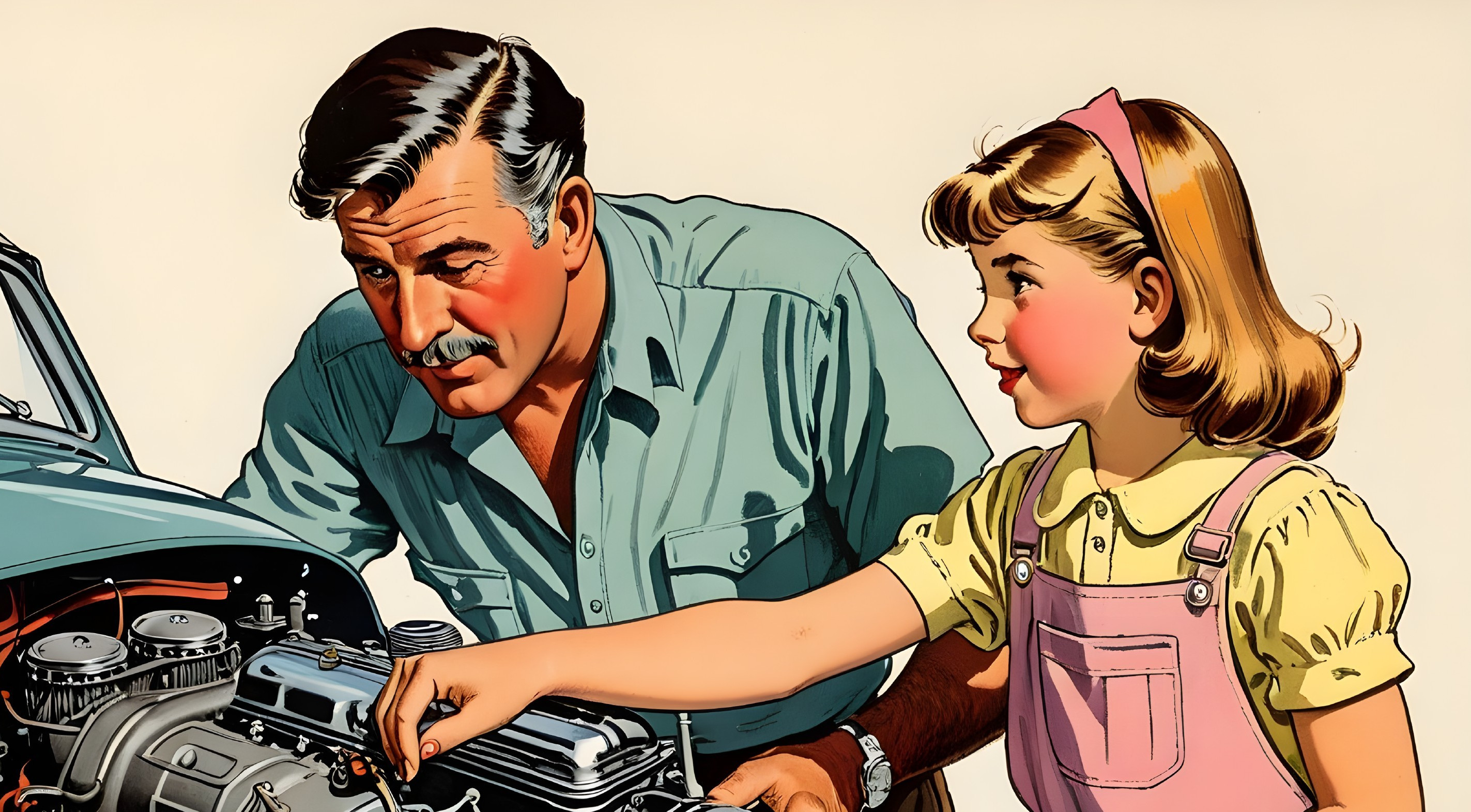 Vintage illustration of a man and girl working on an engine