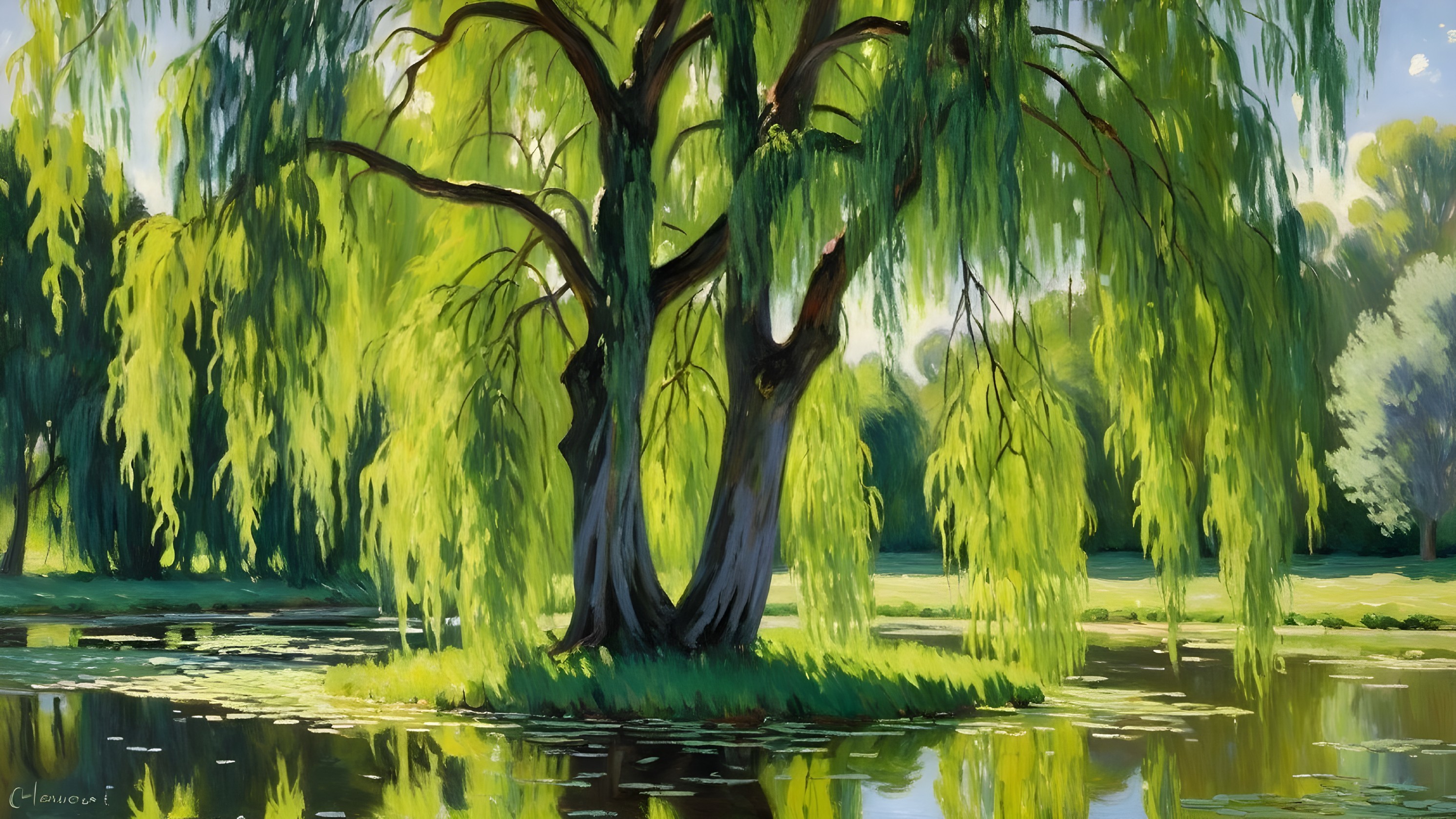 Serene Landscape with Majestic Willow and Calm Waters