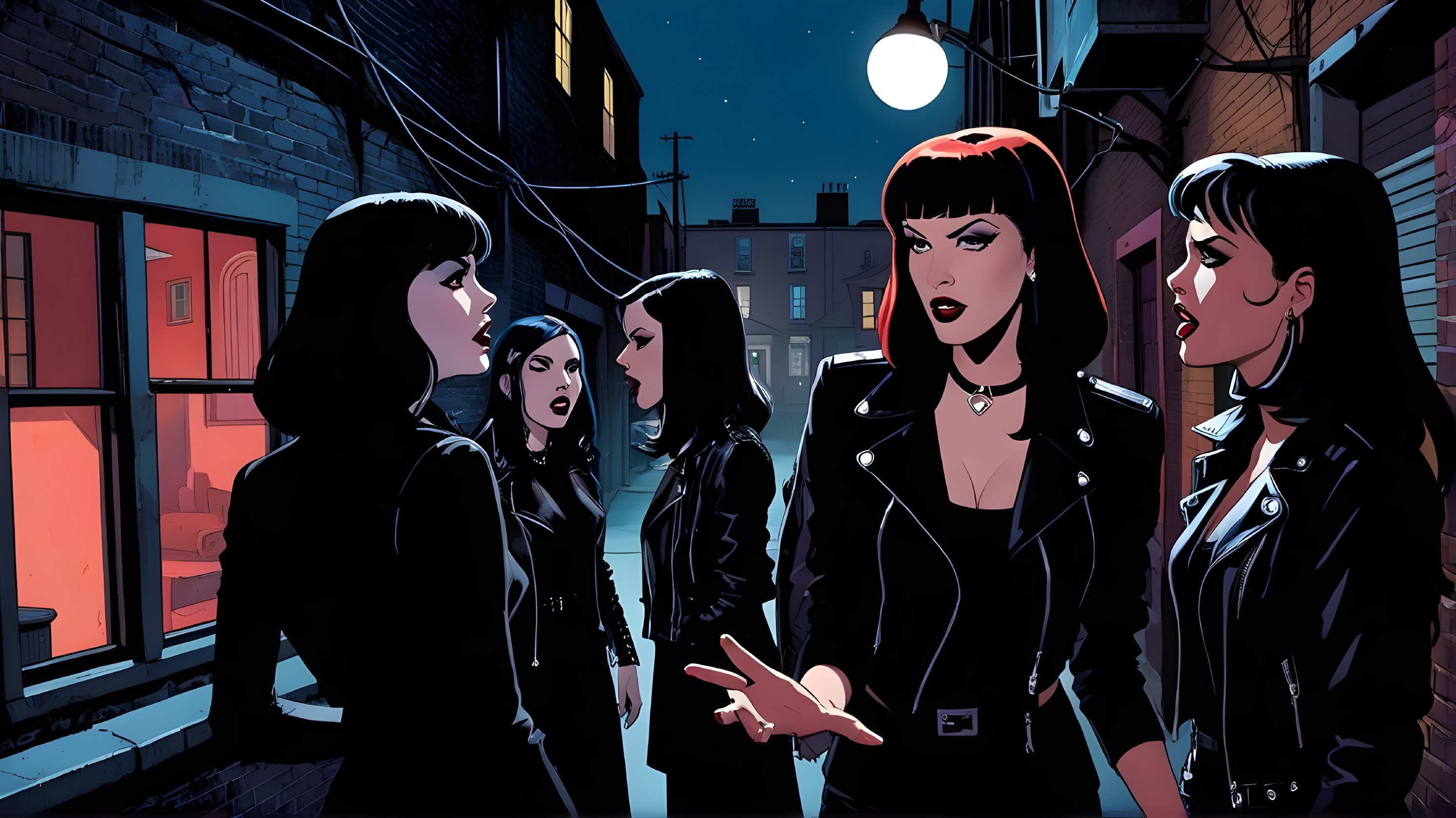Stylish Women in Black Jackets in Urban Alley Scene