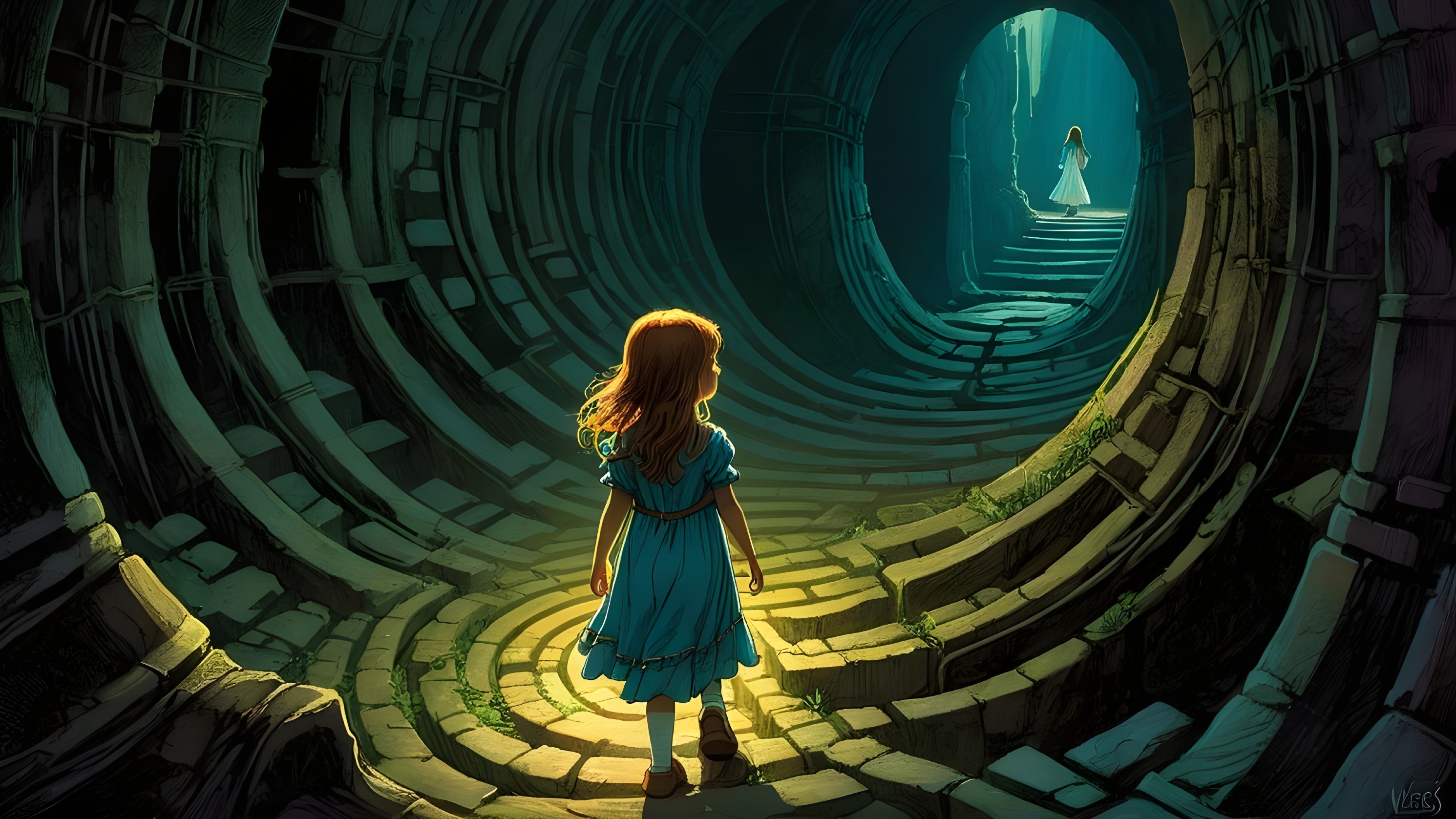 Young girl in blue dress in dimly lit tunnel setting