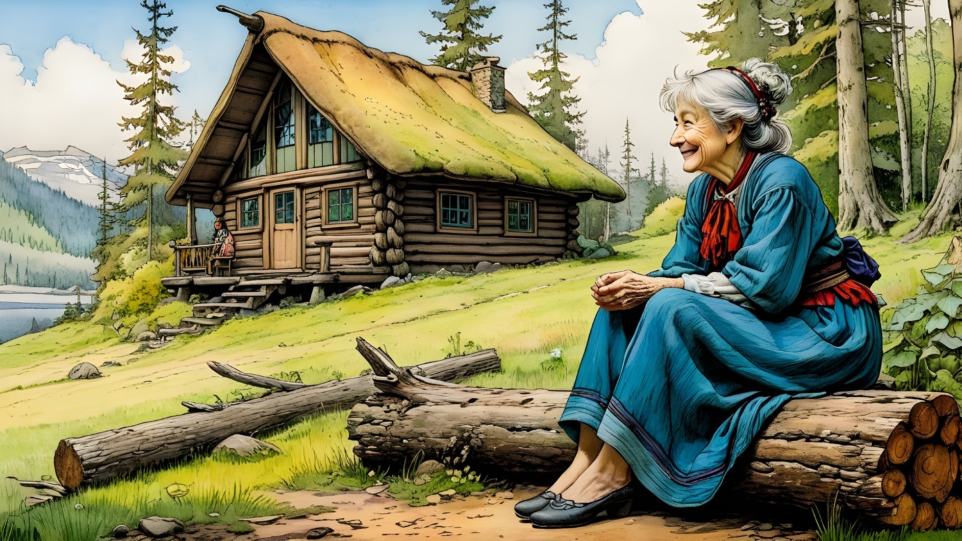 Serene Landscape with Cabin and Content Elderly Woman