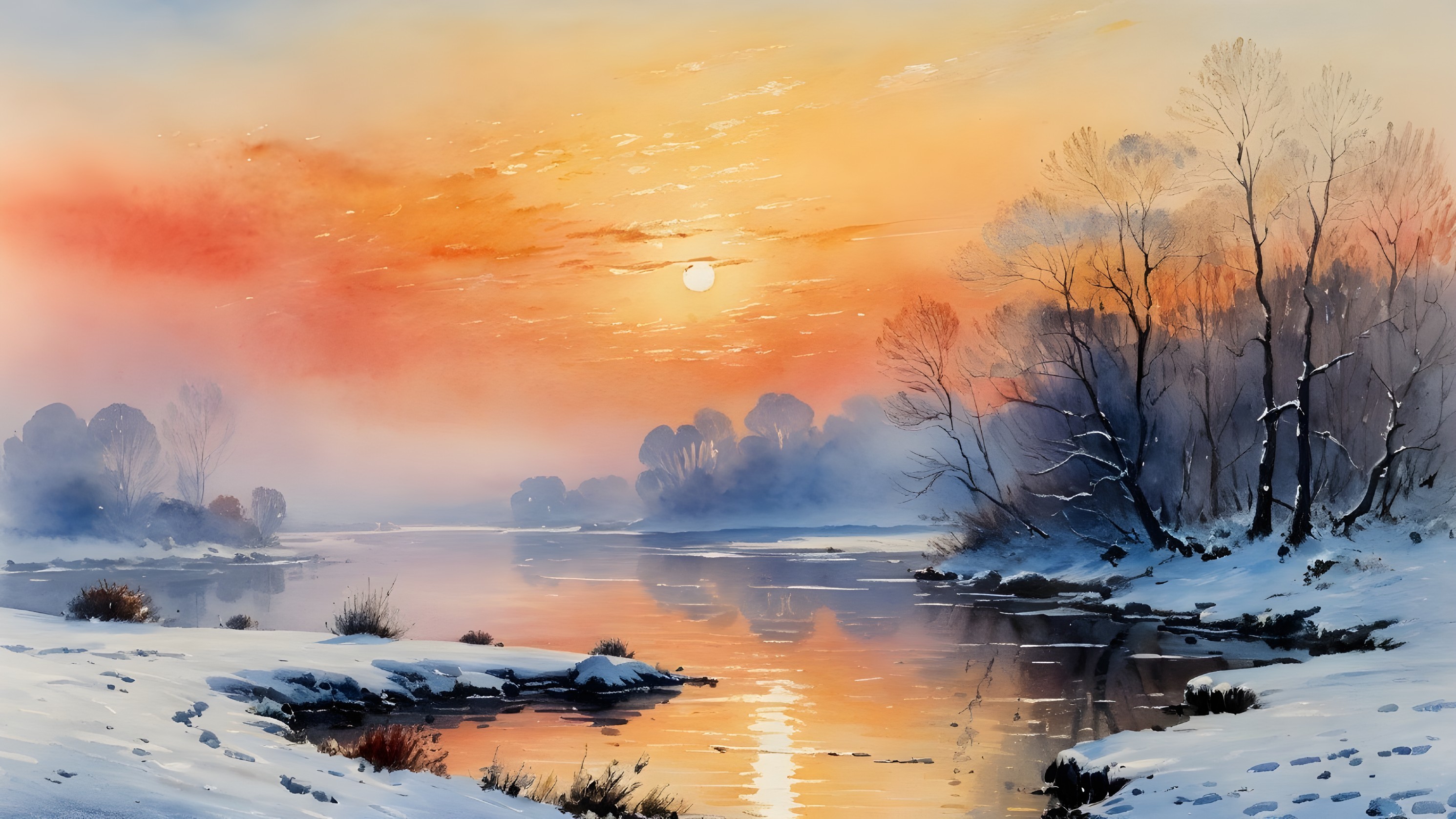 Serene Winter Landscape with Sunrise and River Reflection