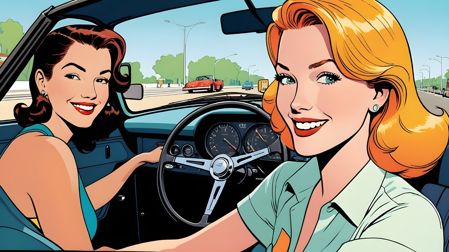 Stylish Women in Vintage Convertible on Sunny Day