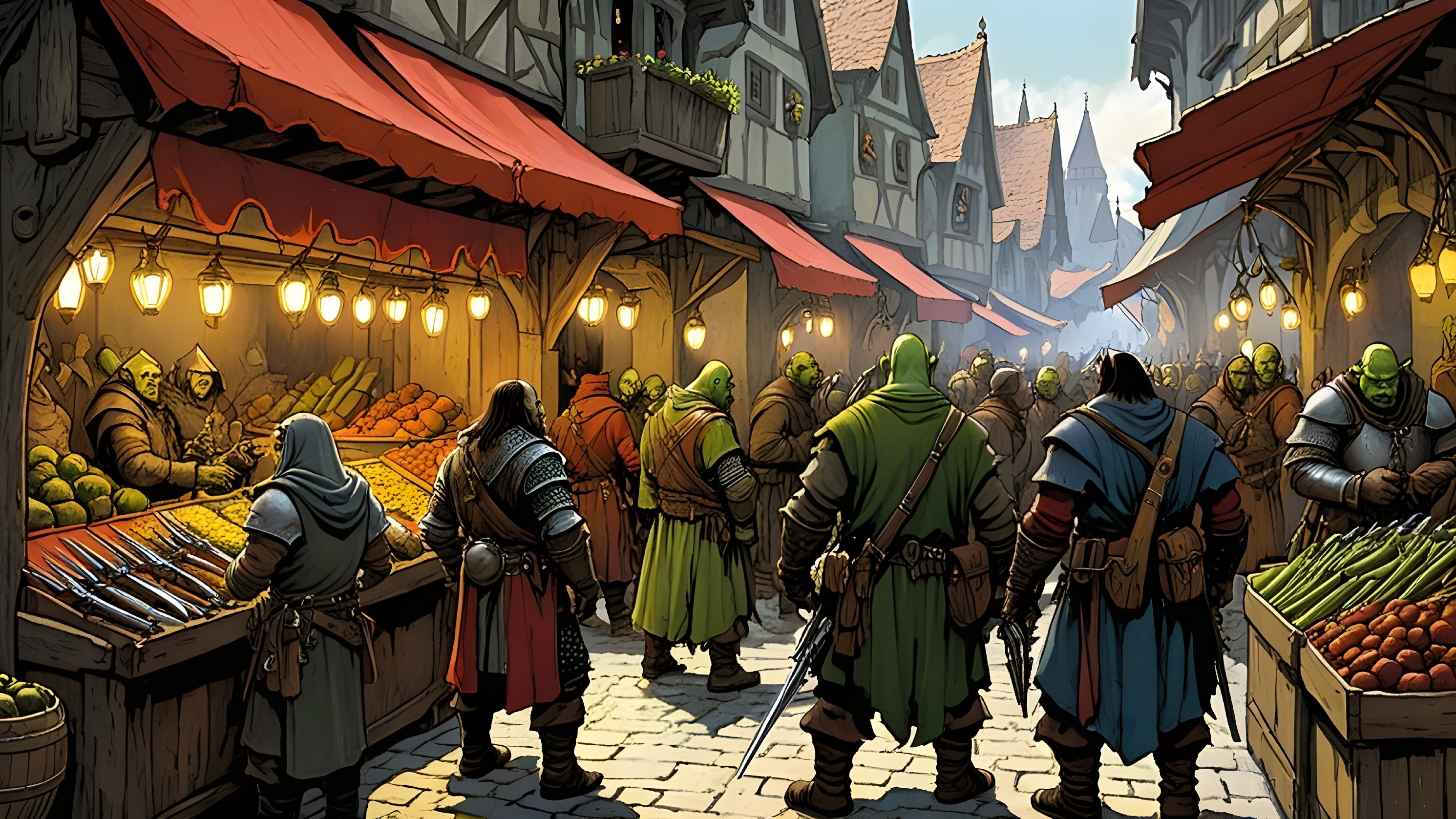 Medieval Marketplace Scene with Armored Figures and Stalls