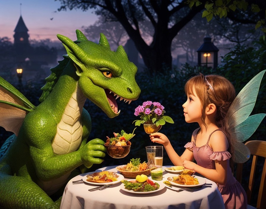 Girl with Fairy Wings Dining with a Green Dragon