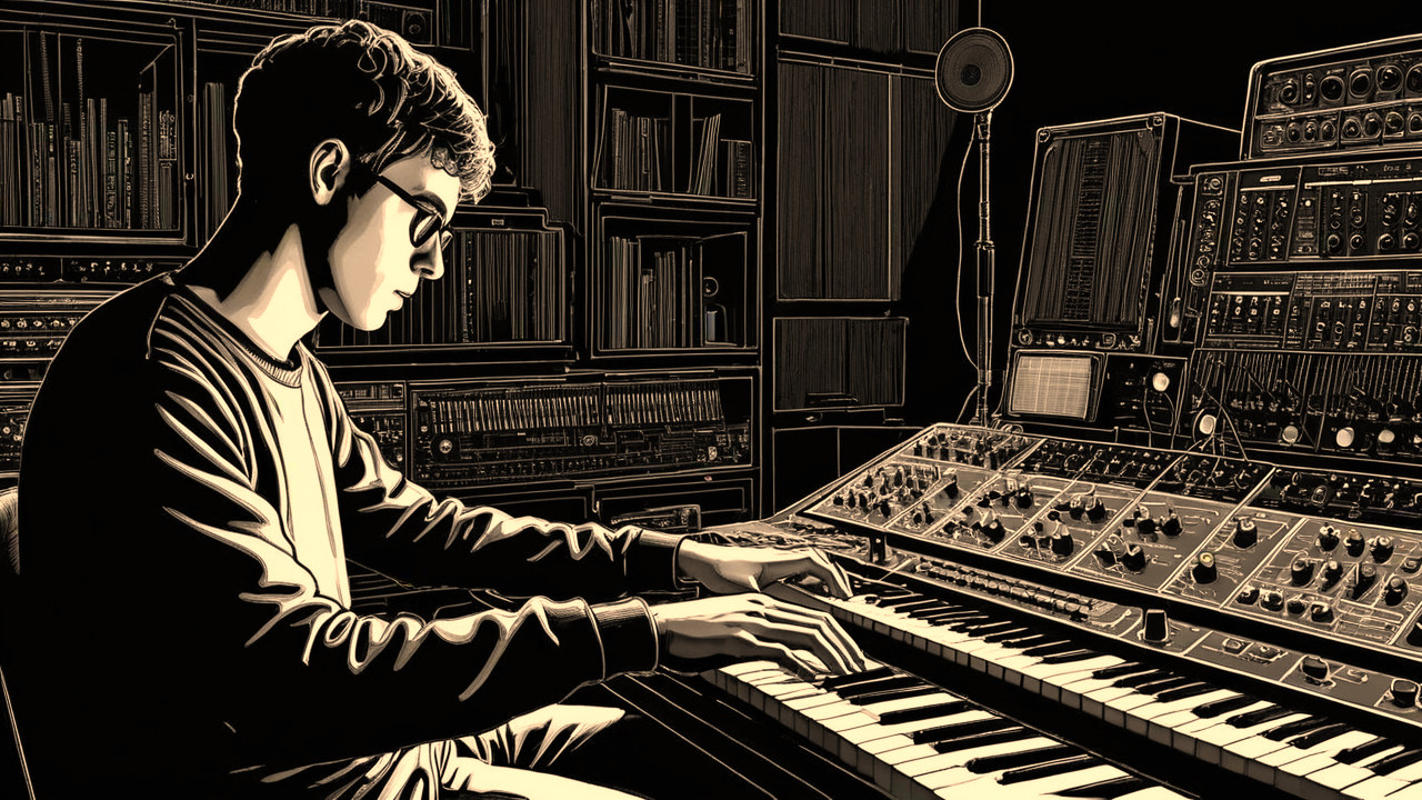 Young man plays analog synthesizer in a studio setting