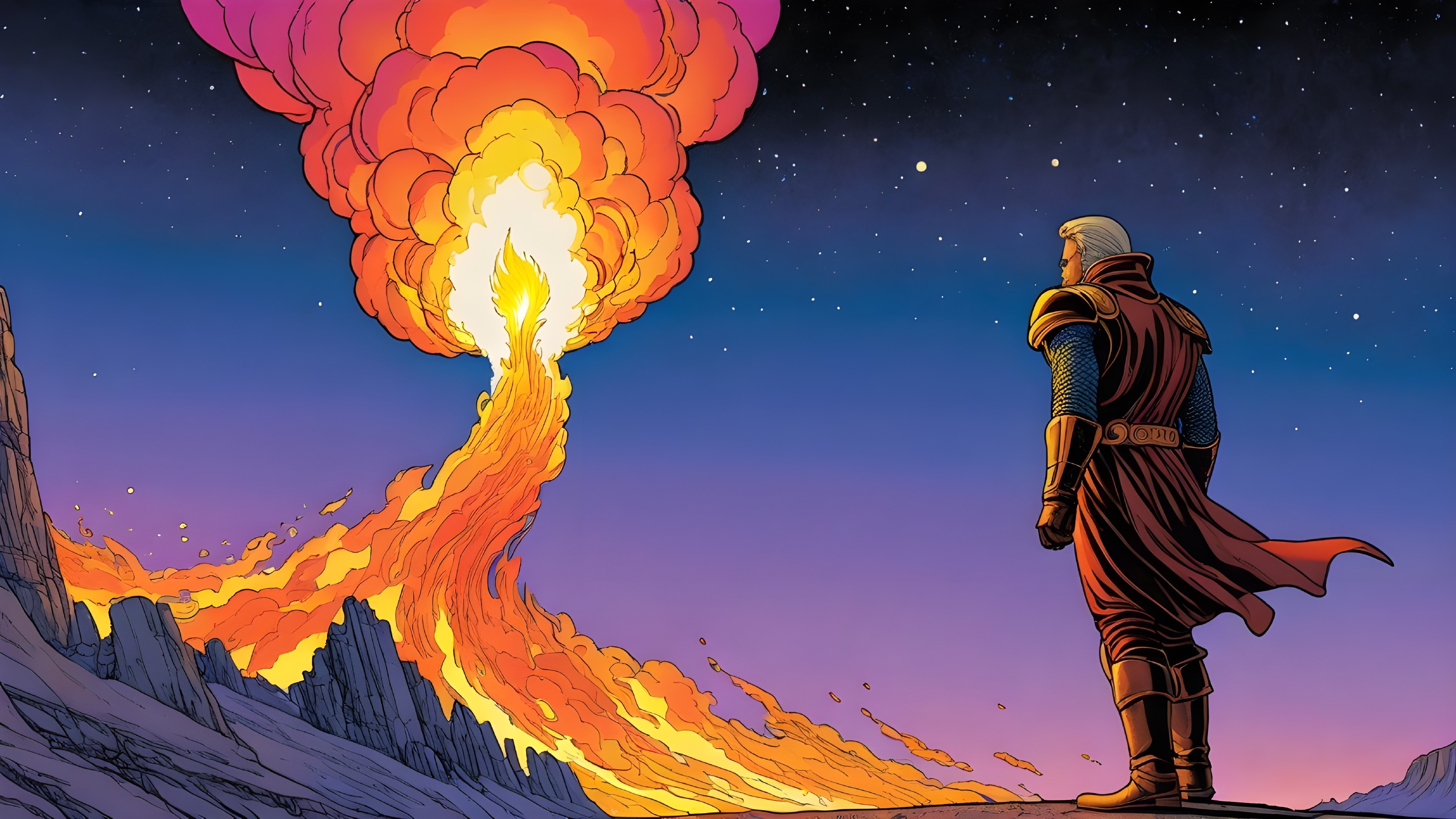 Figure in Cape Observing Fiery Eruption at Twilight