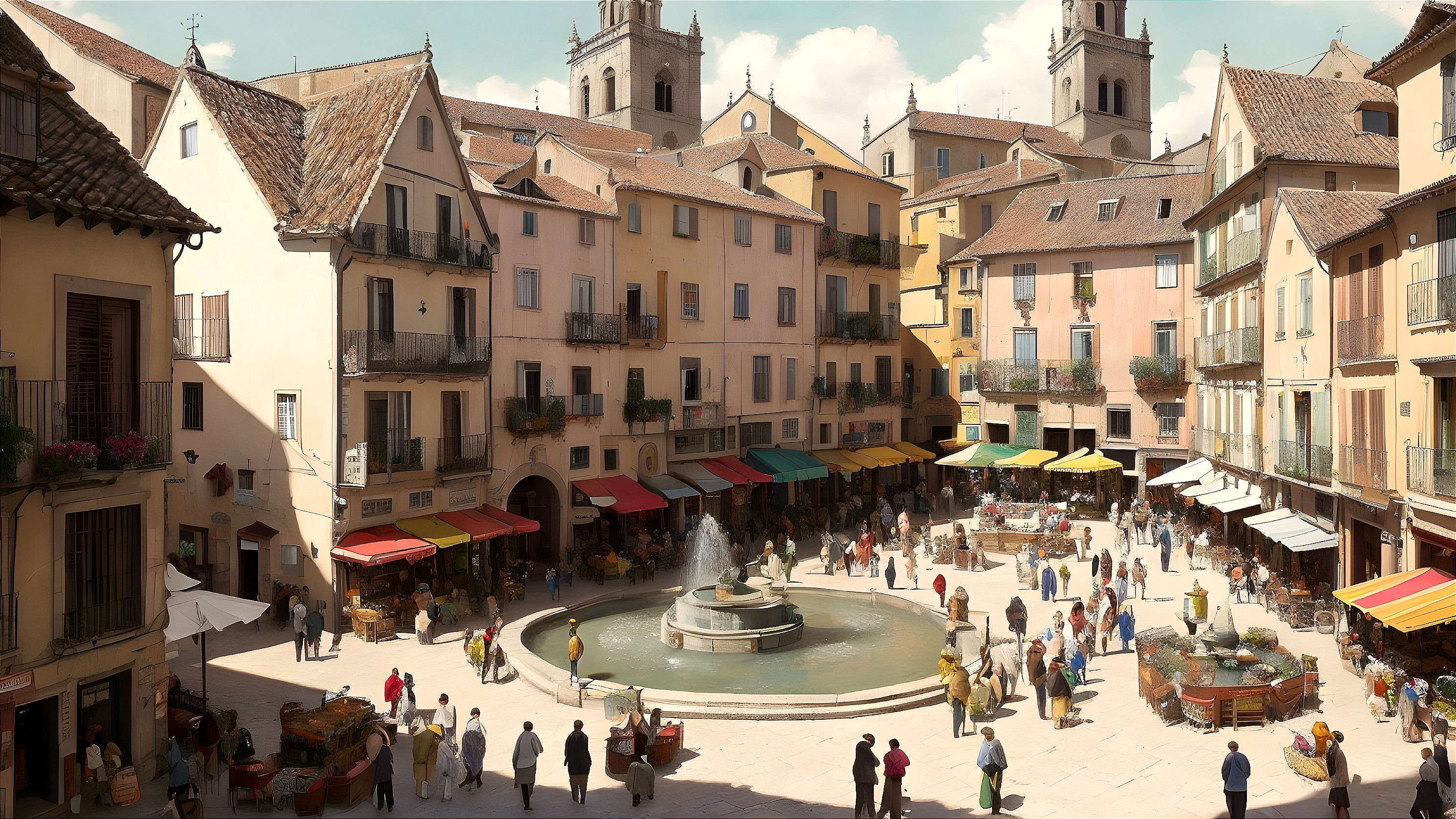 Vibrant Town Square with Market Stalls and Fountain