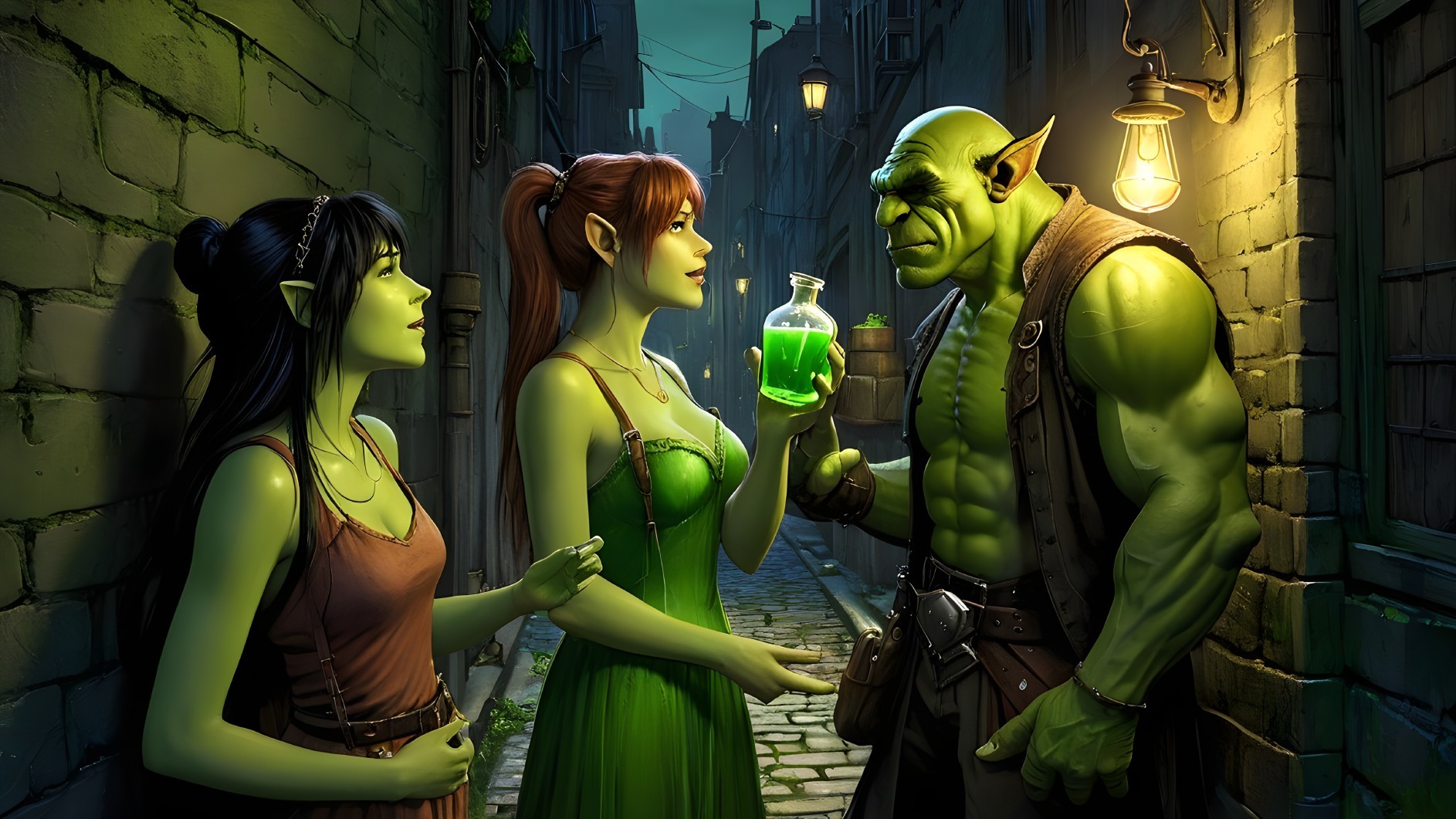 Elves and Orc in Mystical Alley Conversation Scene