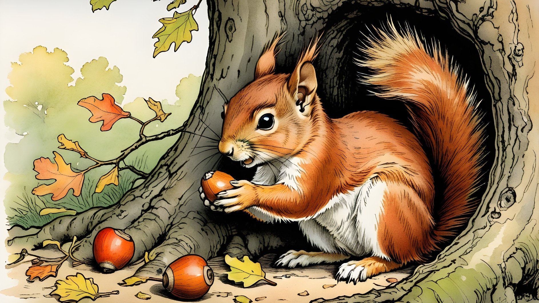 Red Squirrel with Acorn in Autumn Tree Hollow