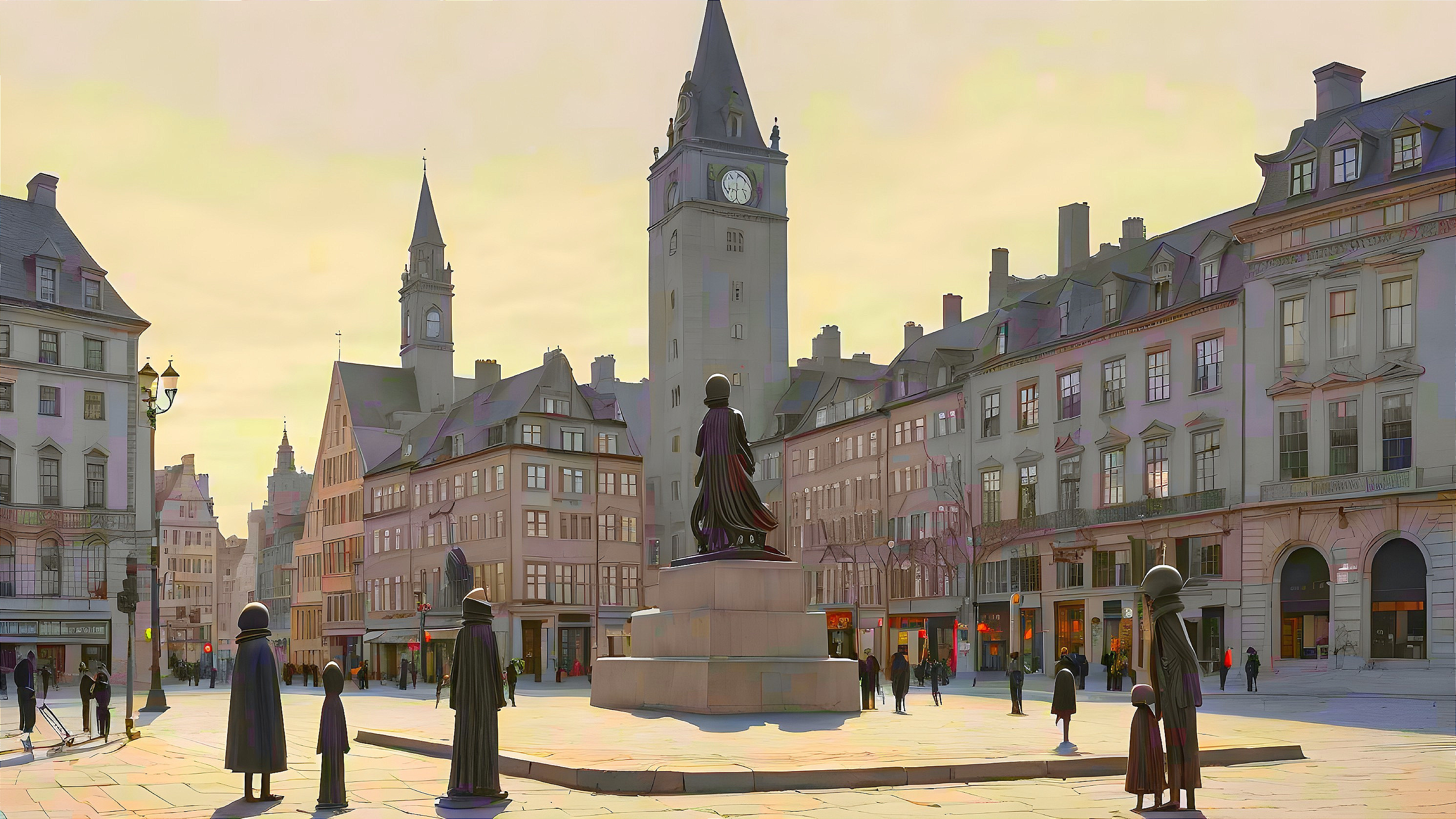 Bustling Sunset Square with Clock Tower and Silhouettes