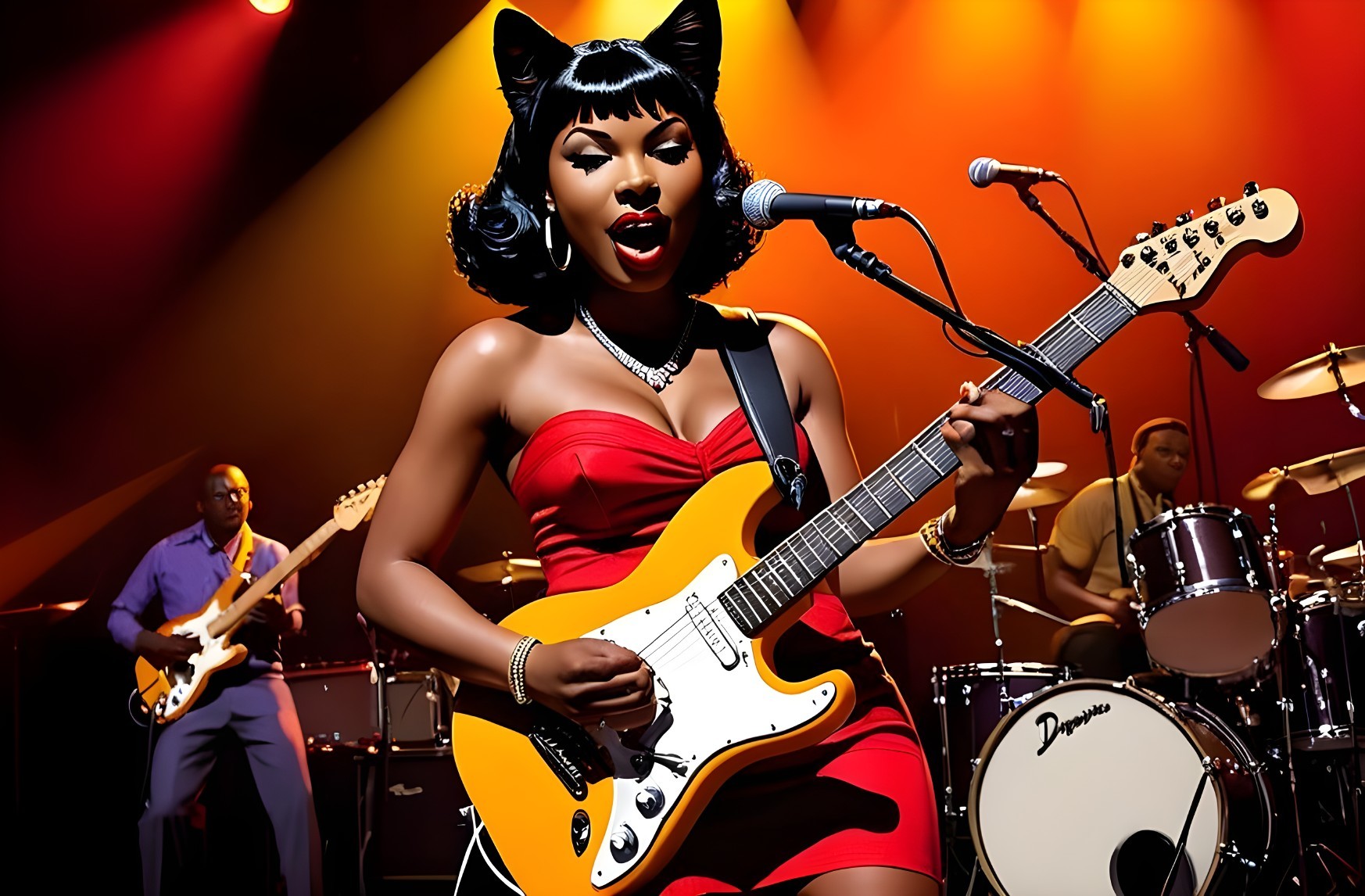Stylish Performer in Red Dress Plays Electric Guitar