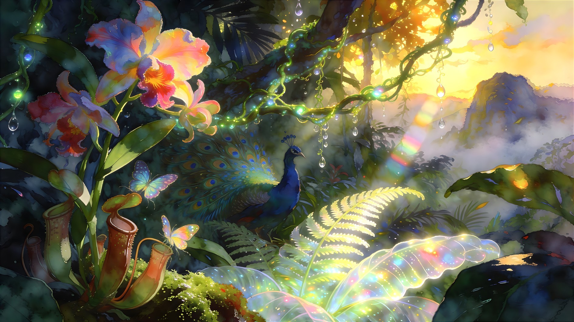 Vibrant Watercolor Jungle Scene at Sunset