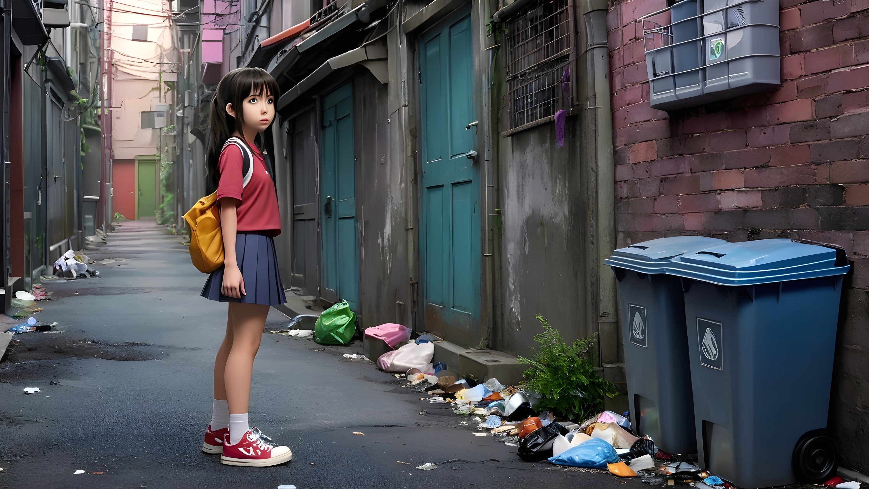 Young girl in alleyway with urban decay elements