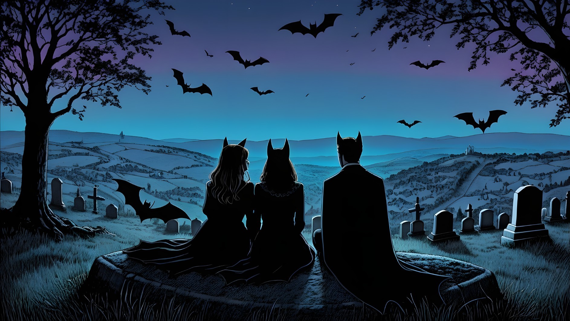 Twilight Scene with Silhouetted Figures and Bats
