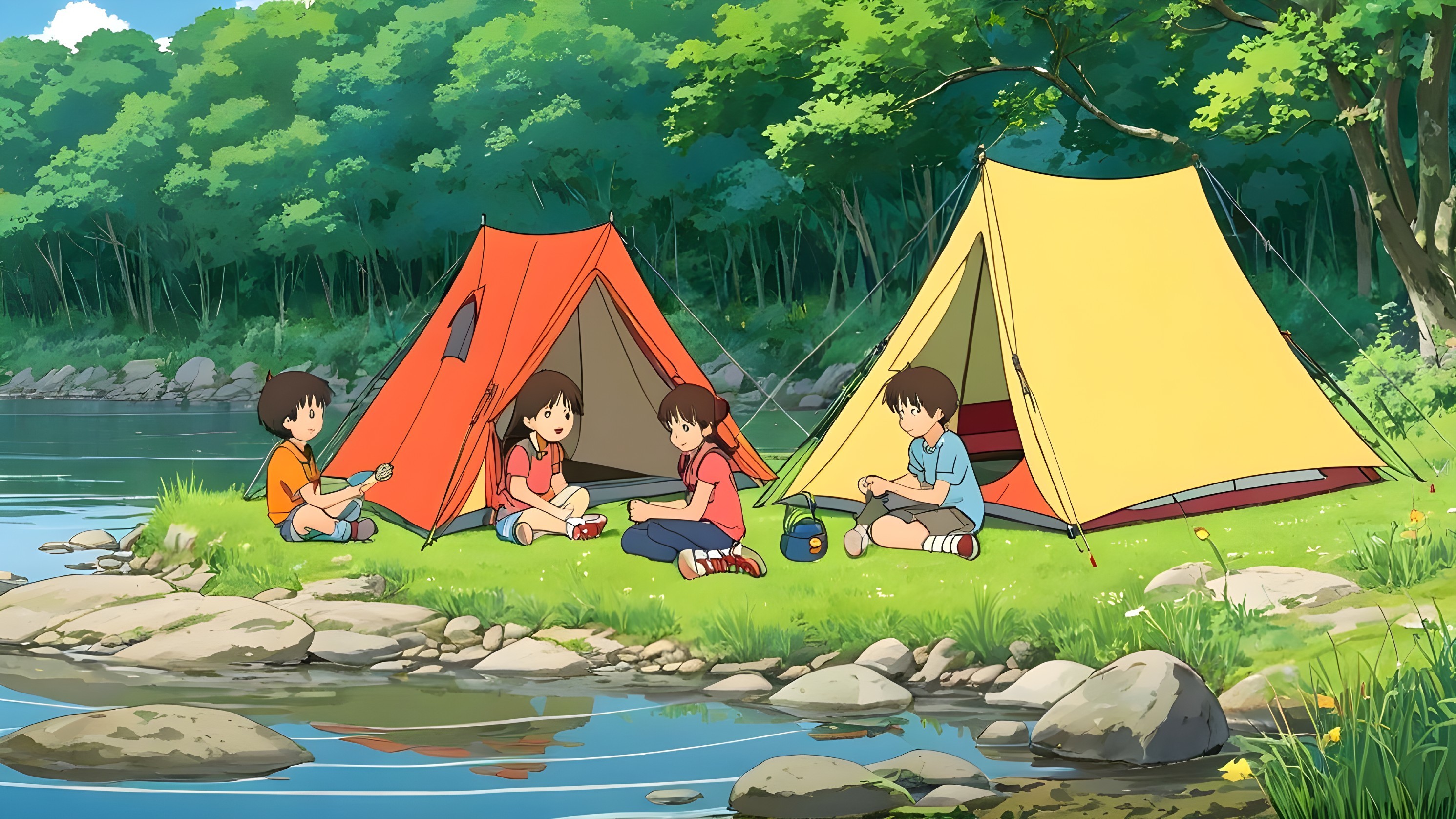 Children Camping by a Serene Lake with Tents