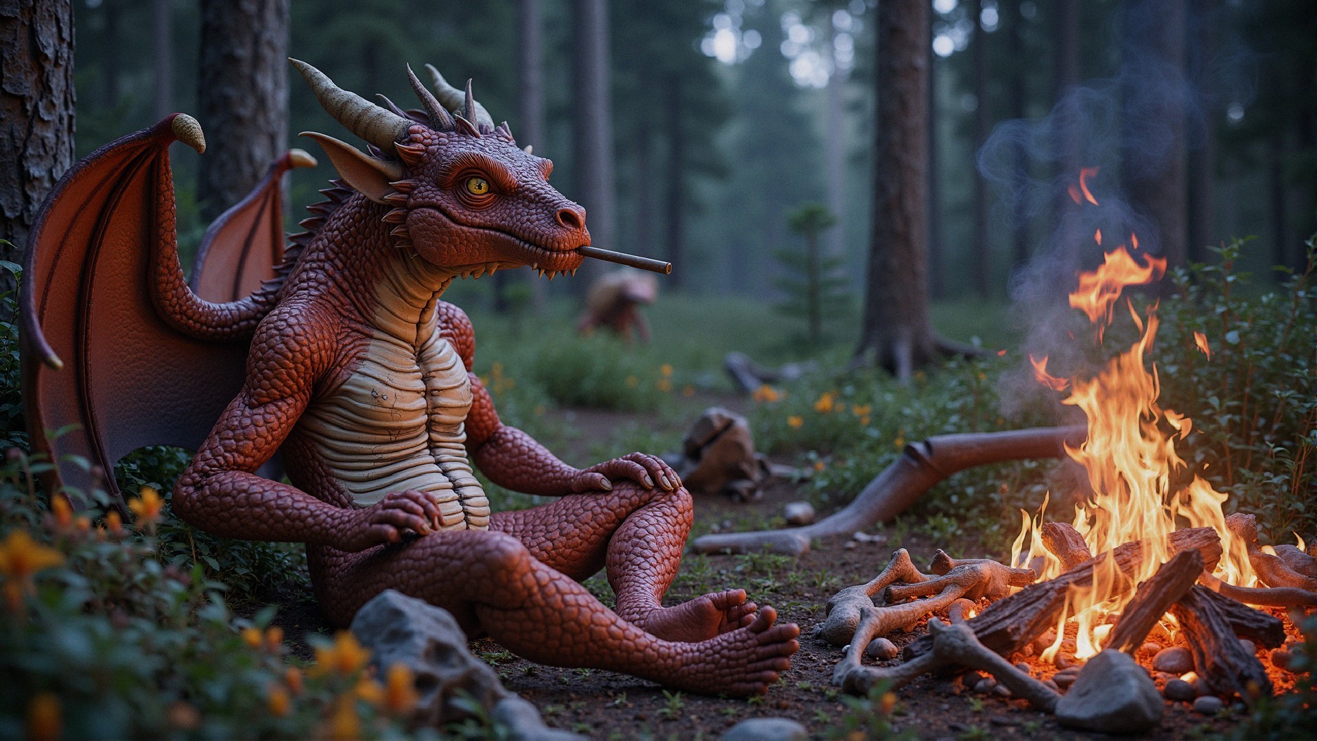 Whimsical Dragon by Campfire in Serene Forest