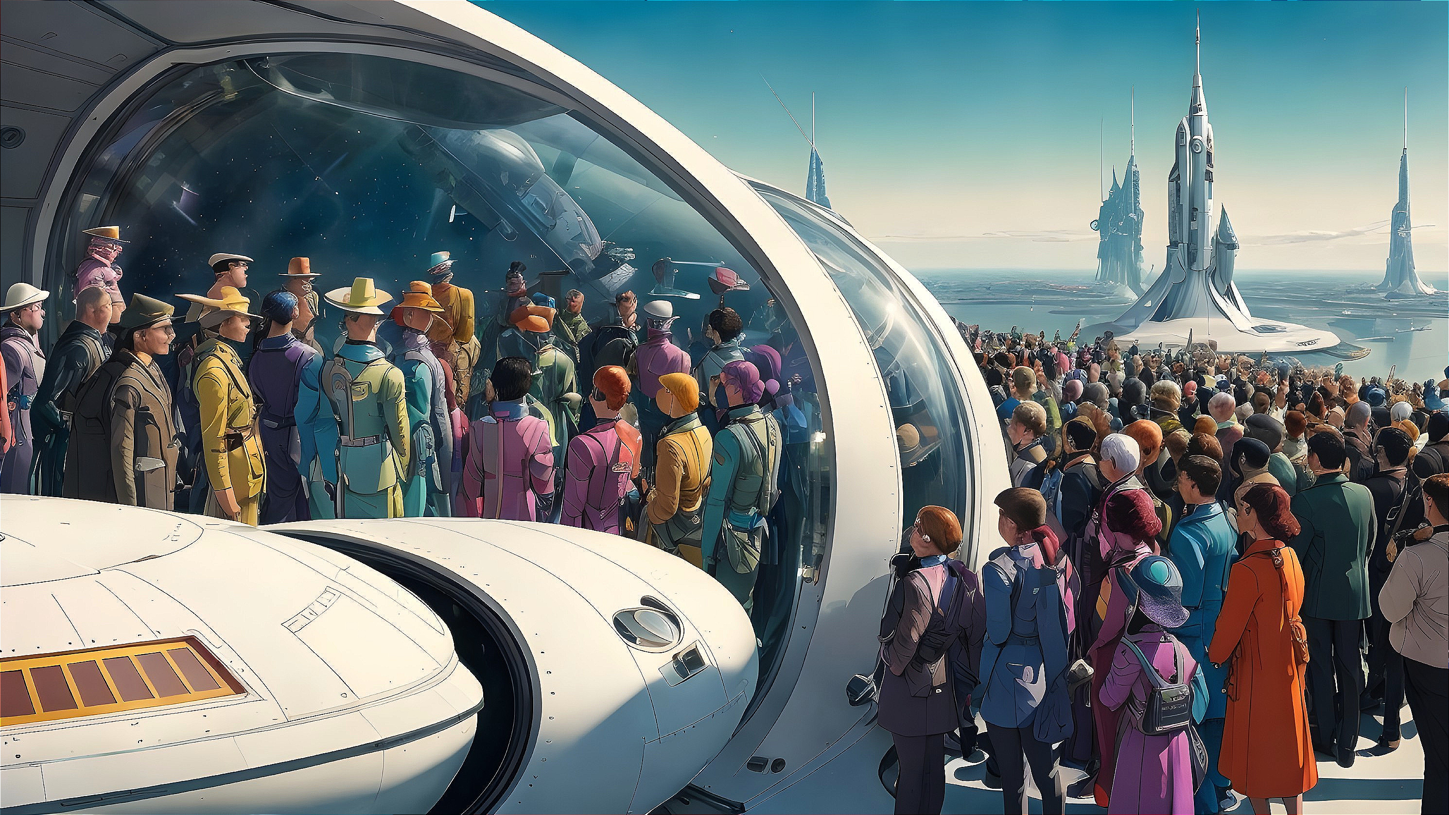 Futuristic Scene with Crowd Around Sleek Spacecraft