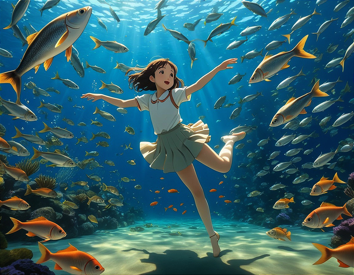 Young girl swimming in vibrant underwater scene