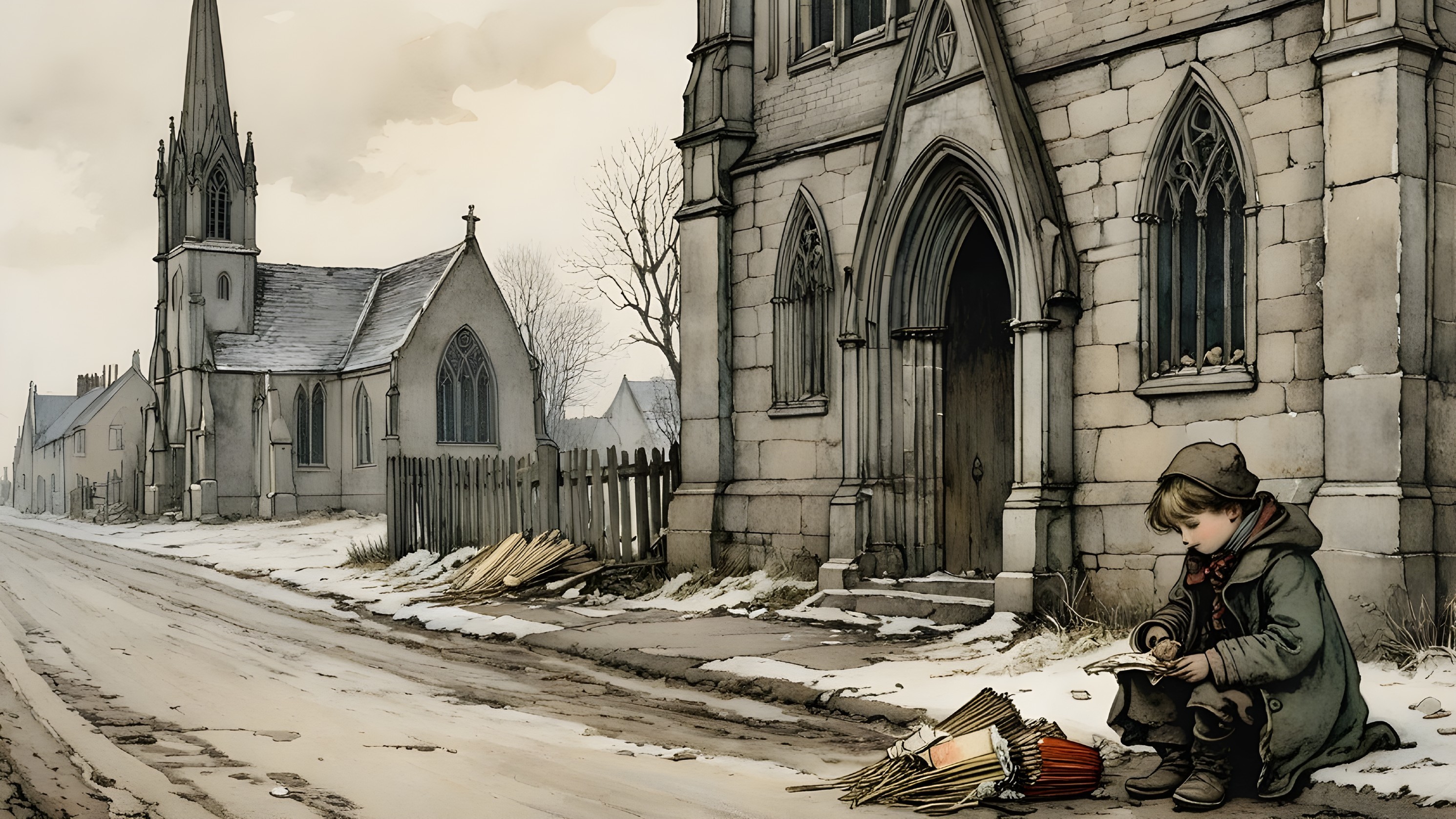Young Boy Writing in Snowy Landscape by Old Church