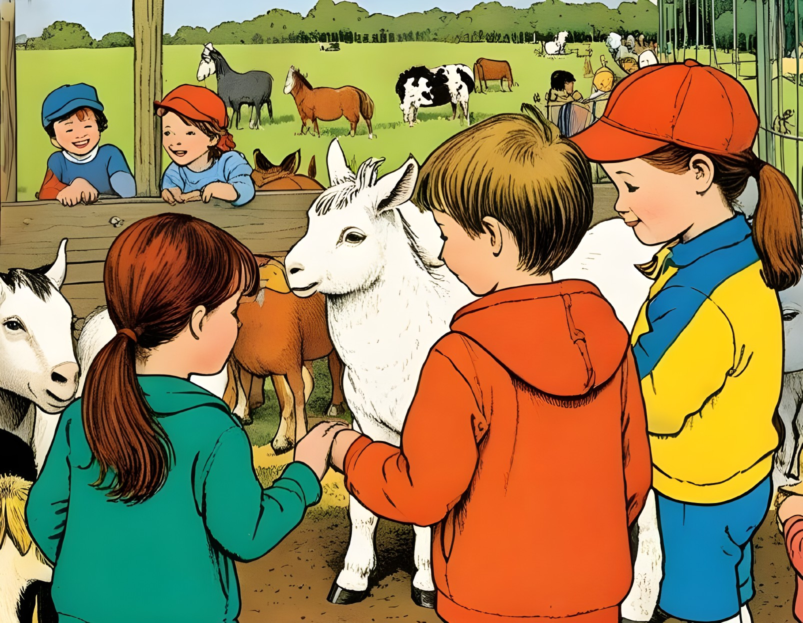 Children Interacting with Farm Animals in a Vibrant Scene