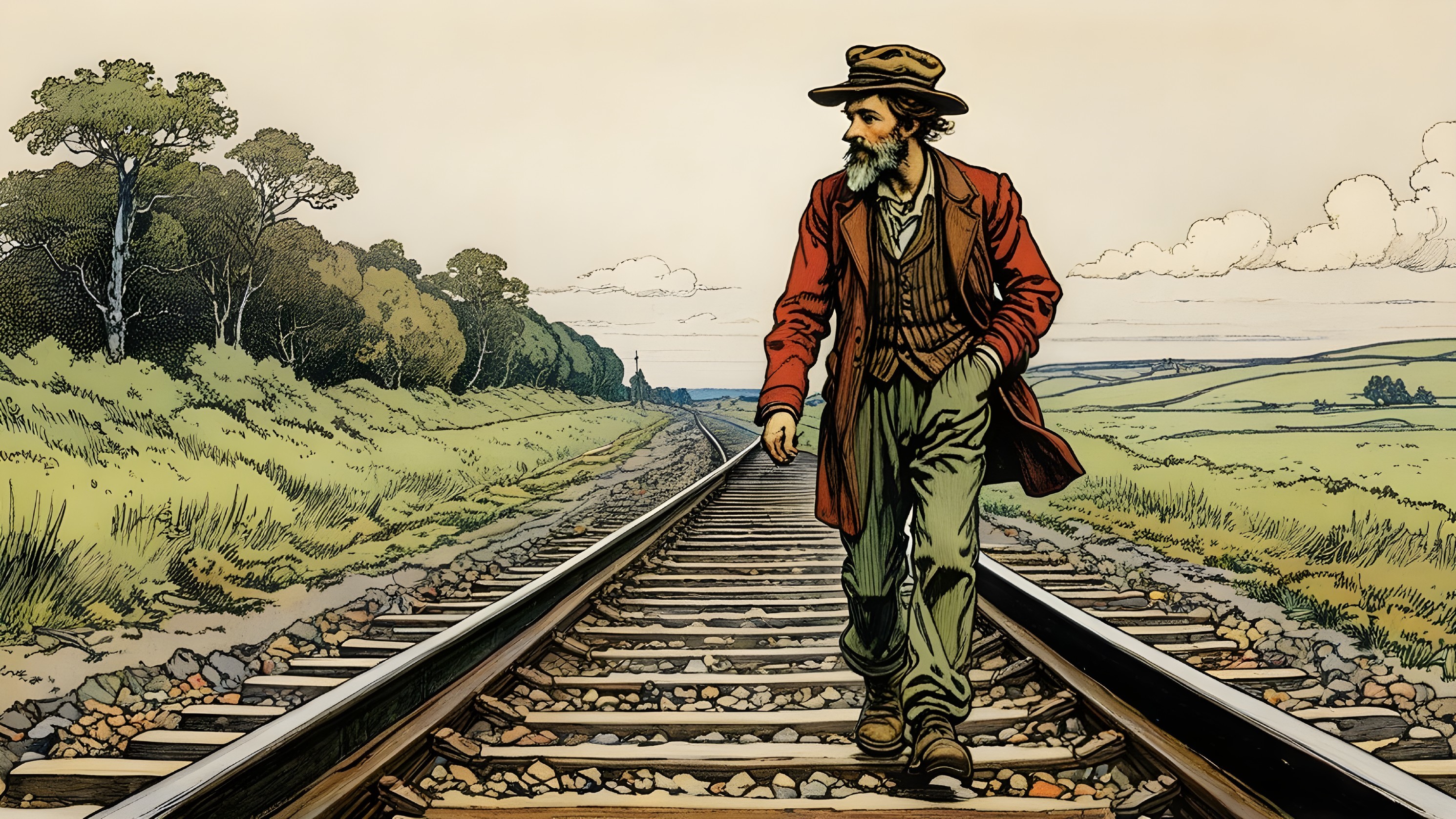 Vintage Dressed Man Walking Along Tranquil Railway Tracks
