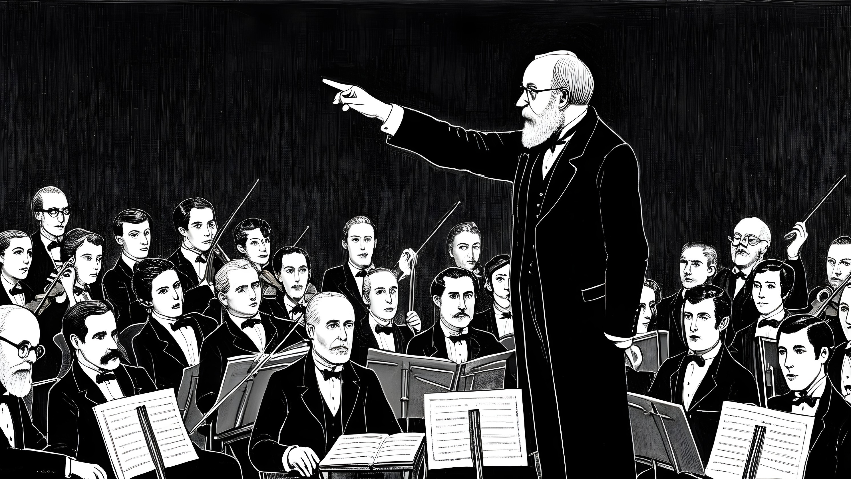 Conductor Leading an Orchestra in Black and White Sketch