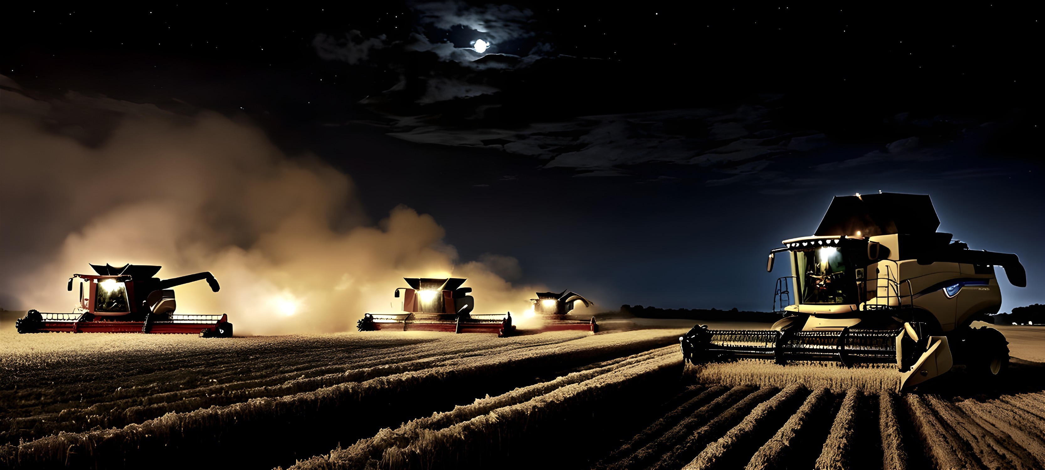 Combine Harvesters Working at Night Under Moonlight