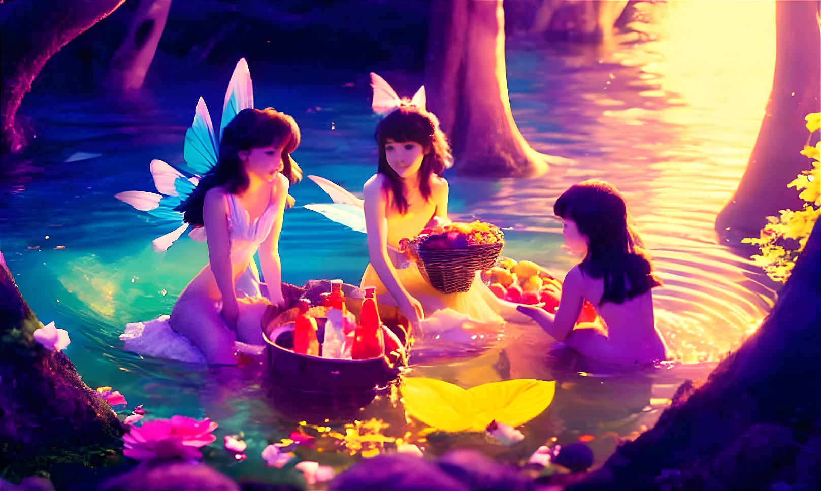 Fairies in a forest glade gather around a pond