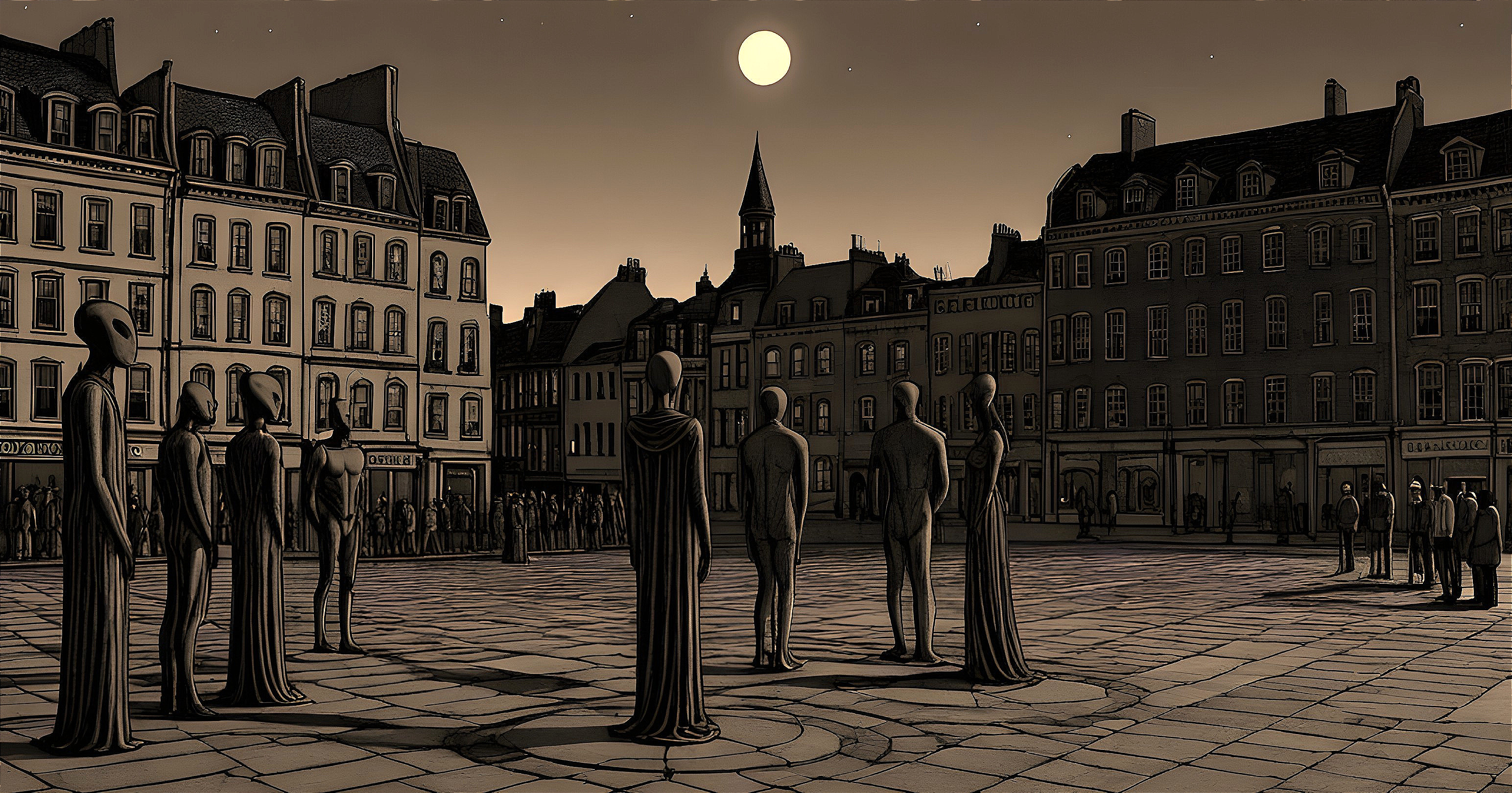 Tall Figures in a Dimly Lit Town Square at Night