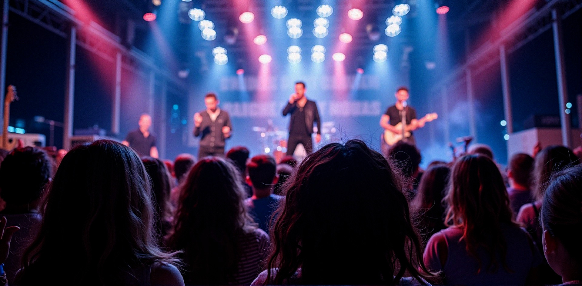 Lively concert scene with energetic band and audience