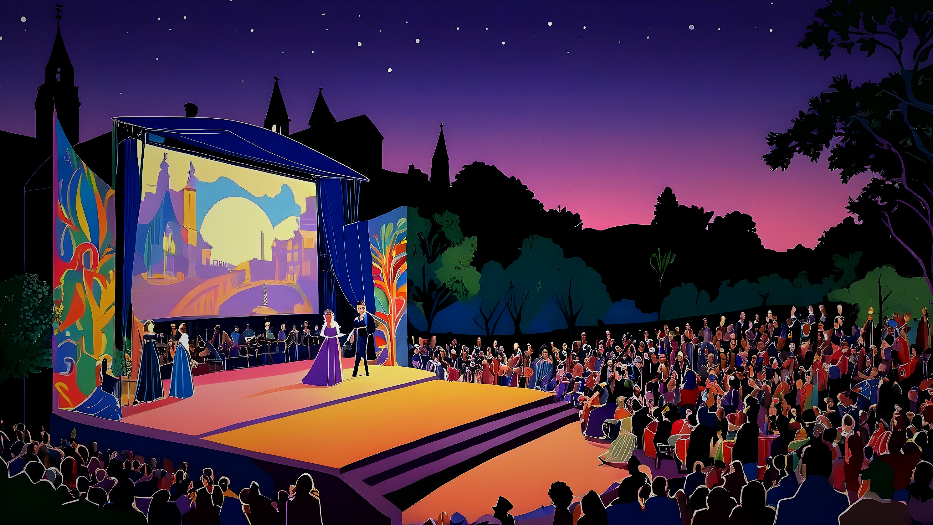 Vibrant Outdoor Theater Performance at Sunset Skyline