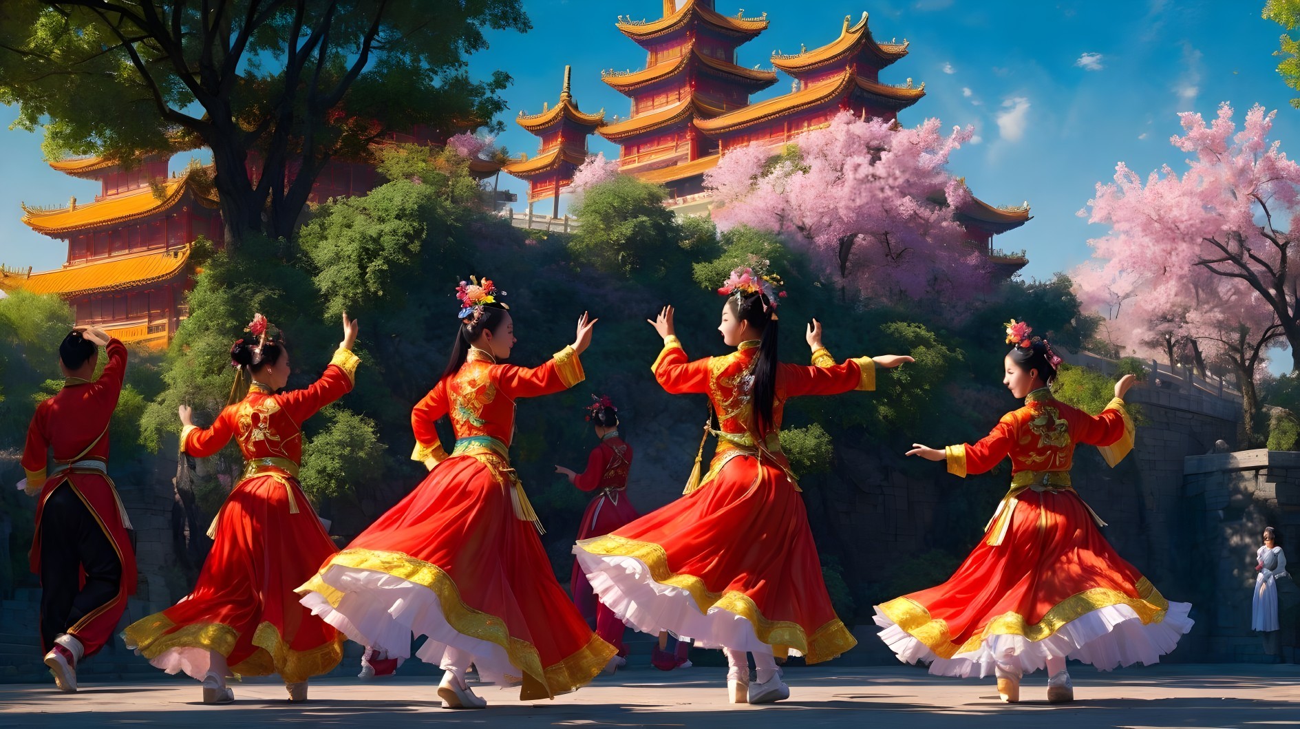 Traditional Chinese Dance in Vibrant Attire Outdoors