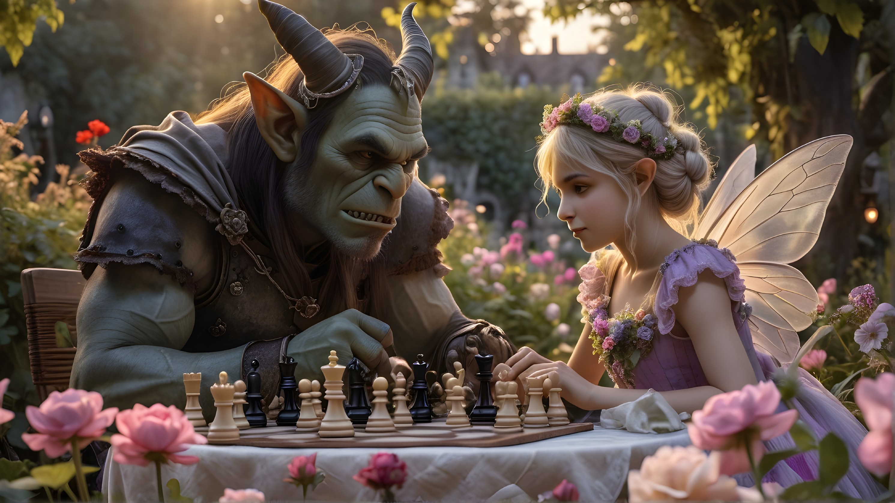 Orc and Fairy Play Chess in Enchanted Garden