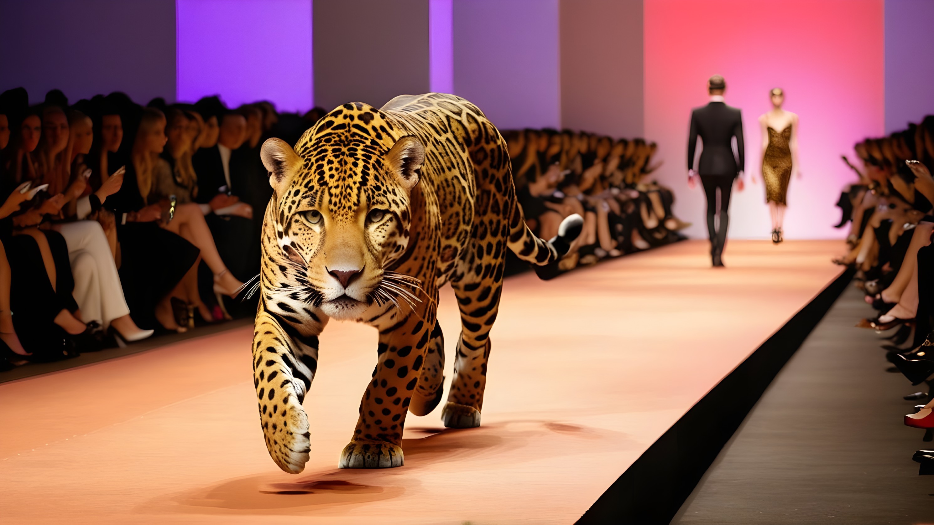 Fashion Runway Scene with Leopard and Vibrant Backdrop