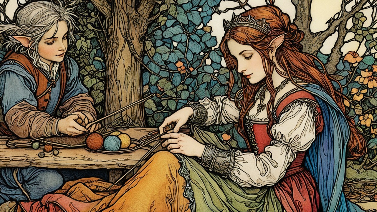 Elegant Art Nouveau Illustration of Two Elves Knitting