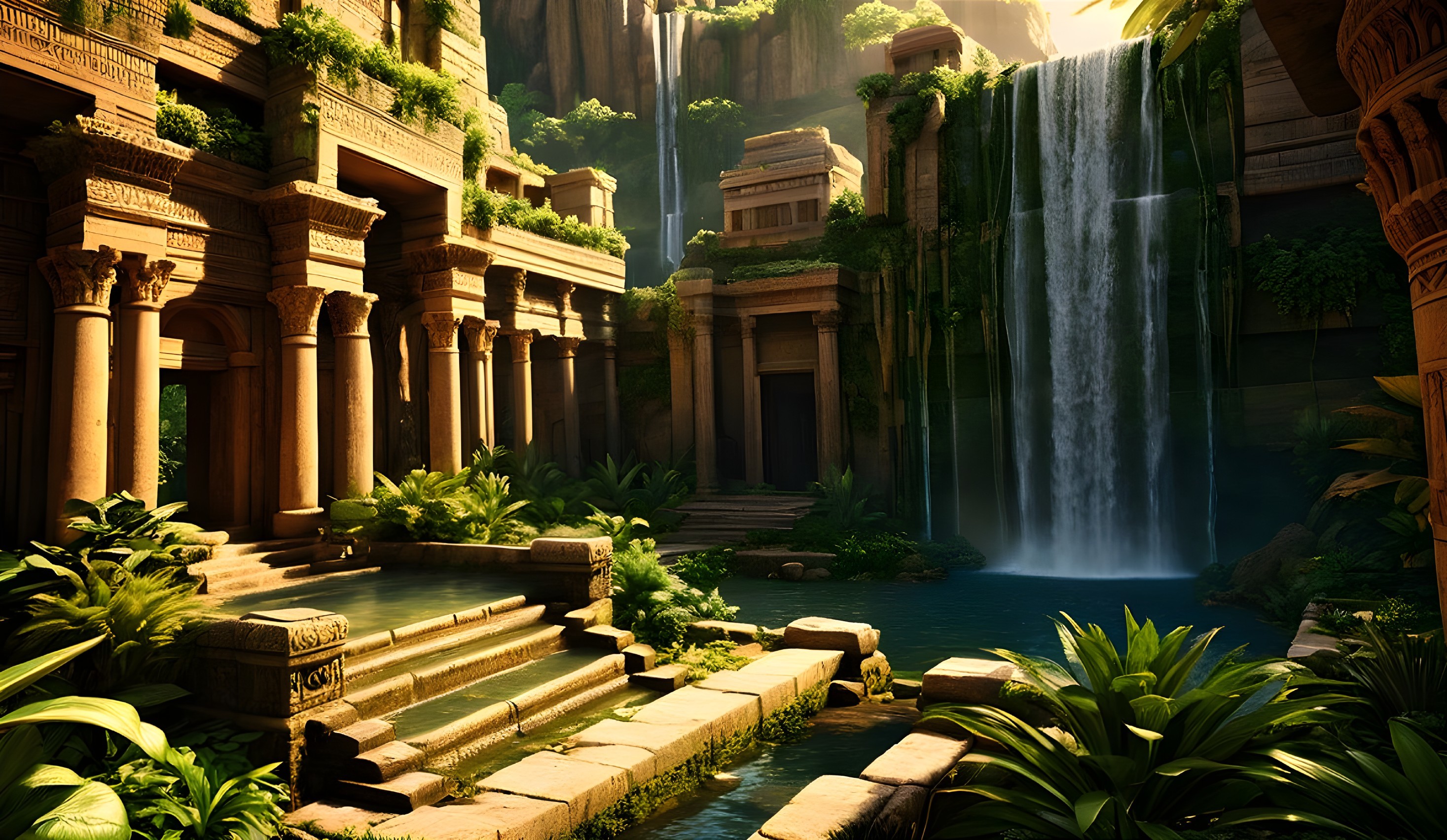 Ancient temple ruins surrounded by lush greenery and waterfalls