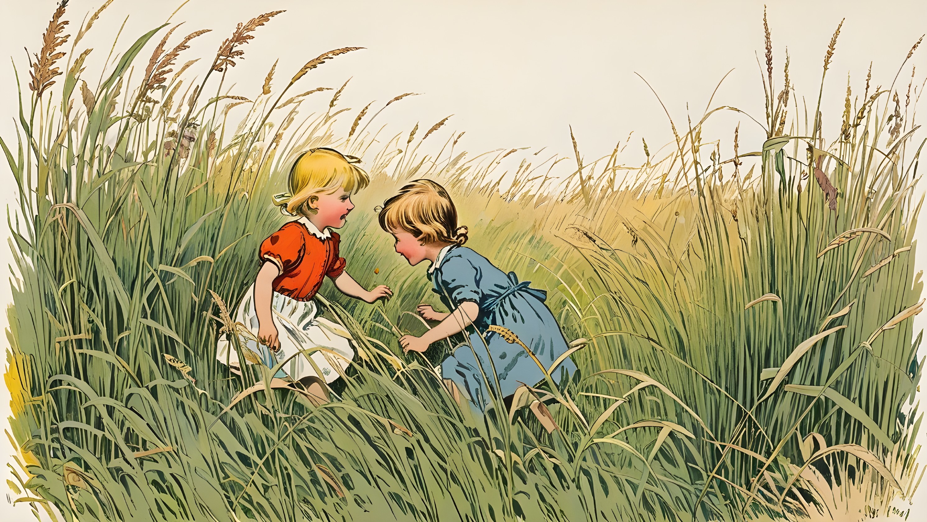 Young girls exploring a grassy field in vibrant attire