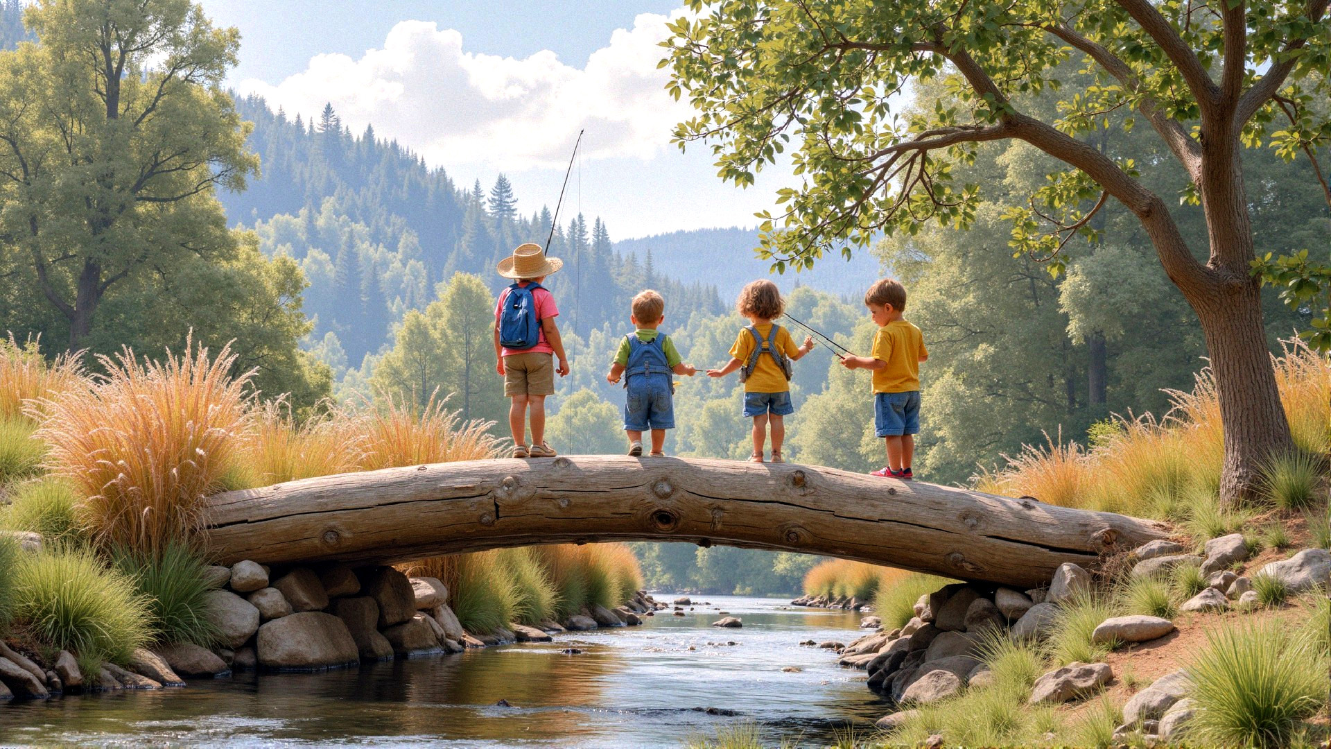 Children on Bridge Over River in Scenic Landscape